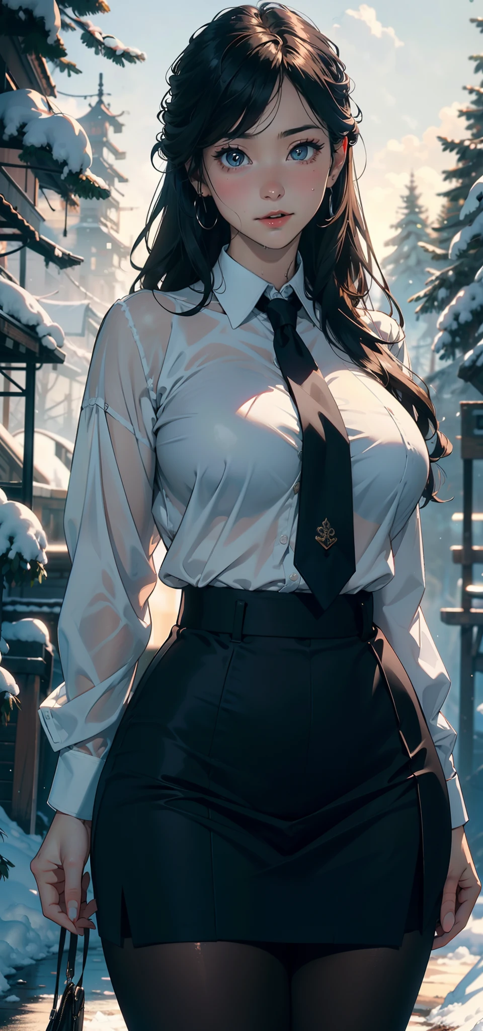 1female,25 age old,Large breasts,Pornographic exposure, 独奏,(Background with:ports,coniferous forest,at winter season,Snow on the ground) with his long black hair, nakeness,比基尼,standing on your feet,Sweat profusely,drenched all over the body,seen from the front, curlies, mostly cloudy sky,(((tmasterpiece),(Very detailed CG unity 8K wallpaper),best qualtiy,cinmatic lighting,detailed back ground,beatiful detailed eyes,Bright pupils,(Very fine and beautiful),(Beautiful and detailed eye description),ultra - detailed,tmasterpiece,)),facing at camera,A high resolution,ultra - detailed),revealing breasts,Bare genitalia, Bulge,Camel toes,Raised sexy,Flushed complexion,Open-mouthed,frontage,(Wearing:White shirt,black necktie,JK skirt,Pantyhose)