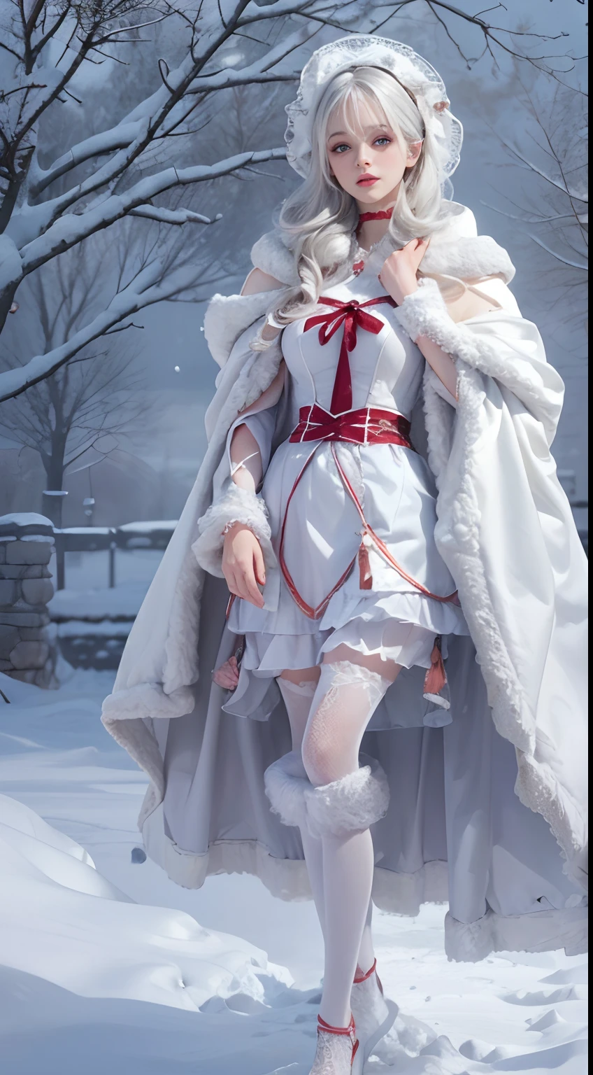 8k,Photorealistic, high resolution, 1 Women, Solo, Hips up,(Lolita costume), Beautiful eyes, White hair, ringed eyes, (Sit,Cloak,snowfield),((lifting her skirt,spread their legs)),