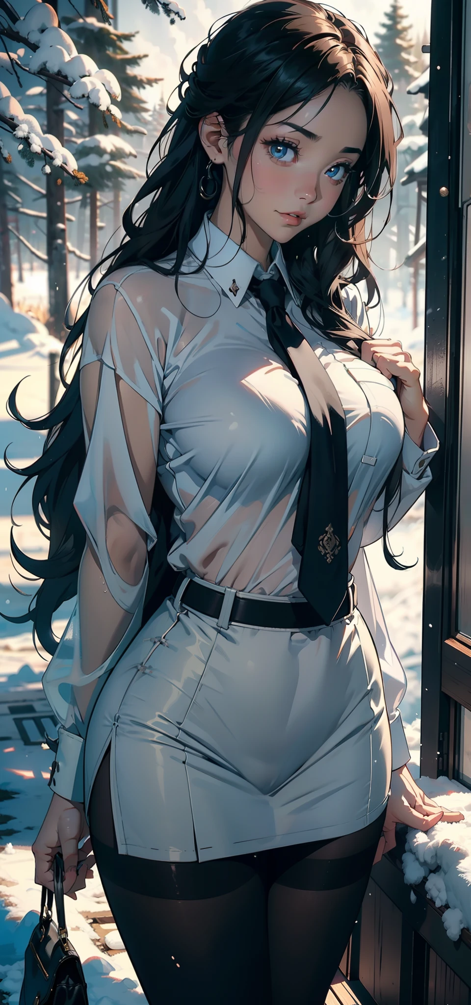 1female，25 age old，Large breasts，Pornographic exposure， 独奏，（Background with：ports，coniferous forest，at winter season，Snow on the ground） with his long black hair， nakeness，比基尼，standing on your feet，Sweat profusely，drenched all over the body，seen from the front， curlies， mostly cloudy sky，（（（tmasterpiece），（Very detailed CG unity 8K wallpaper），best qualtiy，cinmatic lighting，detailed back ground，beatiful detailed eyes，Bright pupils，（Very fine and beautiful），（Beautiful and detailed eye description），ultra - detailed，tmasterpiece，）），facing at camera，A high resolution，ultra - detailed），revealing breasts，Bare genitalia， Bulge，Camel toes，Raised sexy，Flushed complexion，Open-mouthed，frontage，（Wearing：White shirt，black necktie，JK skirt，Pantyhose）