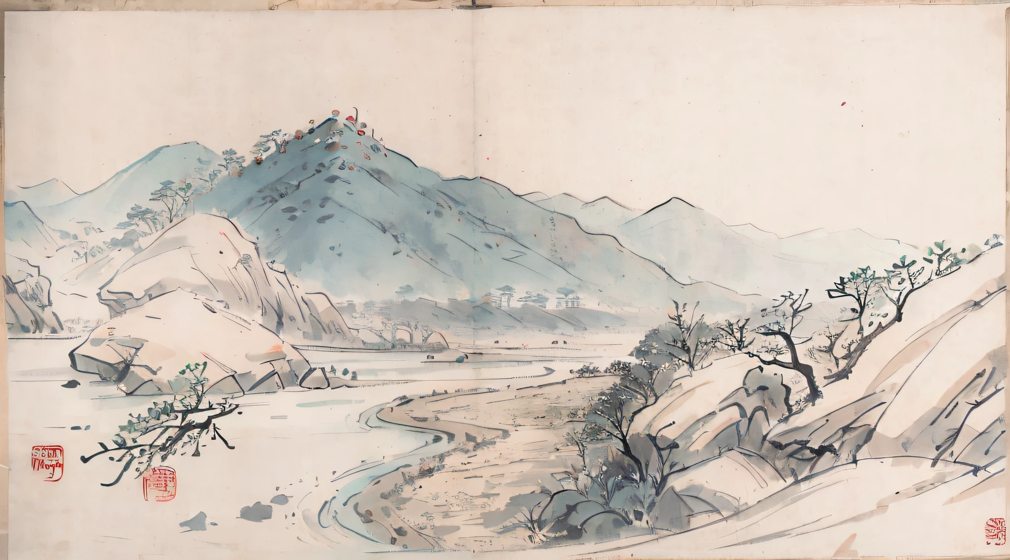 Mountainous landscapes painted with rivers and pagodas, artwork in the style of z.Show on the. gu, inspired by Dong Qichang, Chinese landscape, inspired by Huang Binhong, inspired by Zhang Shunzi, (Mist), inspired by Hu Jieqing, Traditional Chinese painting, Detailed scenery —width 672, style of guo hua