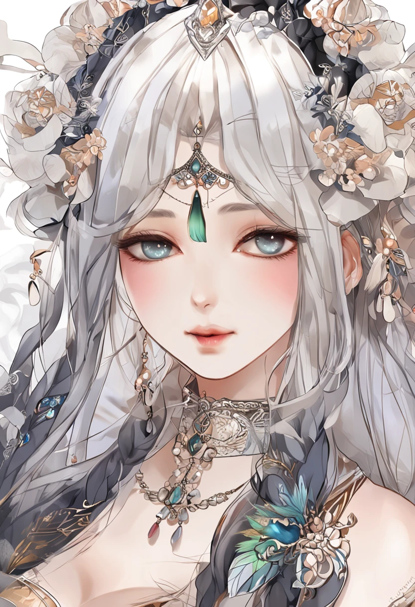 best qualtiy,tmasterpiece,超高分辨率,cold light,1girll,(Close-up of the upper body,closeup of face), Nice face,Dignified,Cold and glamorous,cabelos preto e longos,hair adornments,耳Nipple Ring,choker necklace,鎖骨,(period costume,One shoulder,Clothing and hair accessories,silber hair), Ancient oriental style, Beautiful age girl,Beautiful goddess,Detailed scenes, Beautiful digital illustration,the detail,Hyper-detailed, Cinematic quality, (Beauty and aesthetics,big breasts beautiful)