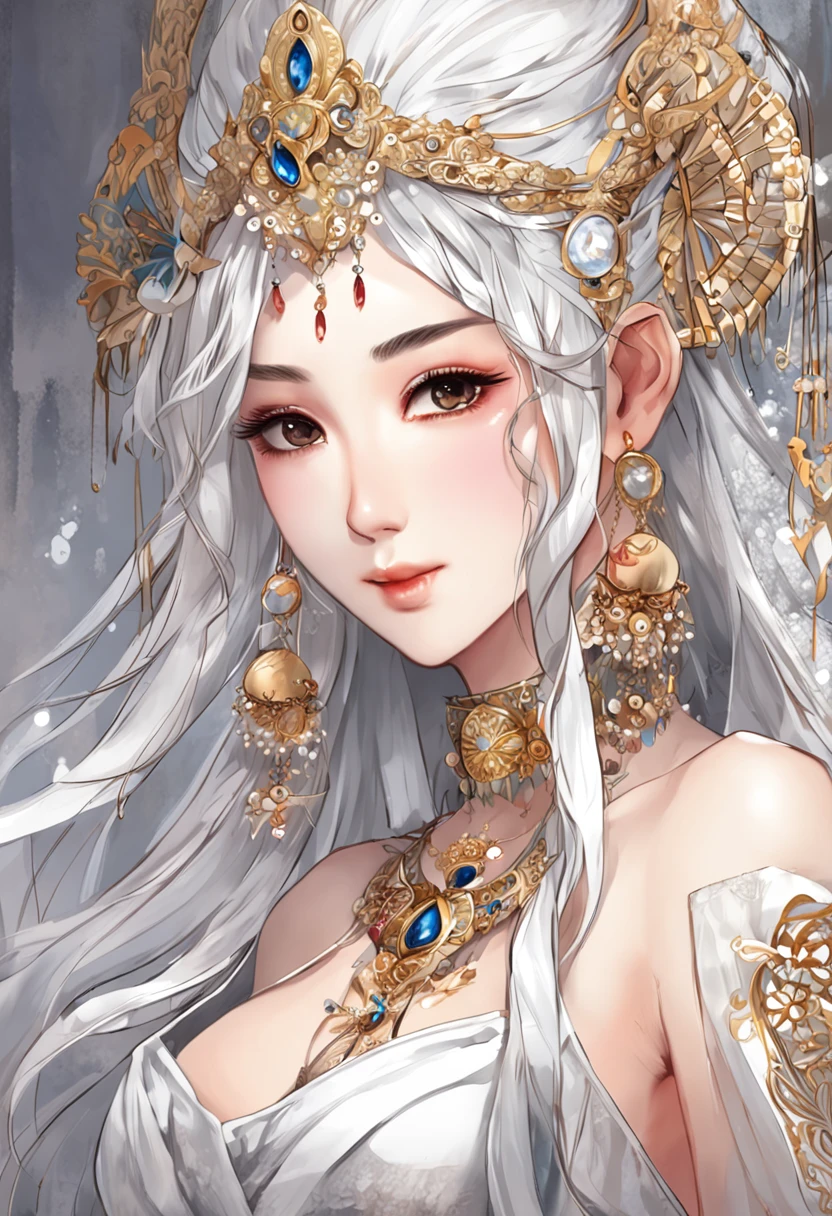 best qualtiy,tmasterpiece,超高分辨率,cold light,1girll,(Close-up of the upper body,closeup of face), Nice face,Dignified,Cold and glamorous,cabelos preto e longos,hair adornments,耳Nipple Ring,choker necklace,鎖骨,(period costume,One shoulder,Clothing and hair accessories,silber hair), Ancient oriental style, Beautiful age girl,Beautiful goddess,Detailed scenes, Beautiful digital illustration,the detail,Hyper-detailed, Cinematic quality, (Beauty and aesthetics,big breasts beautiful)