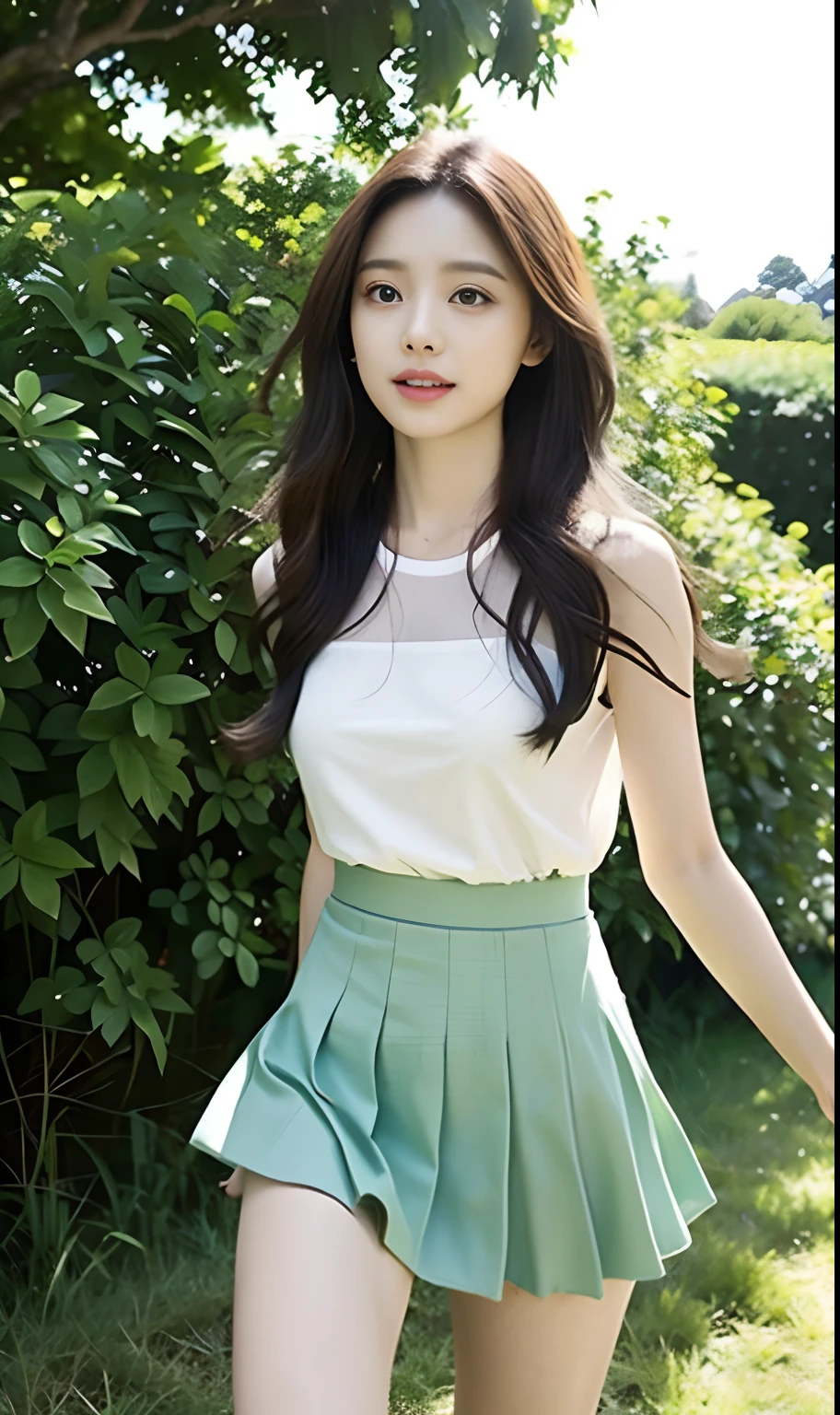 Masterpiece, Best quality,8K, 超高分辨率,Reallightandshadow,Cinema lenses,(beautidful eyes:1.1), ((中景 the scene is,The upper part of the body)),dynamicposes,On a green meadow,The gentle goddess came with gentle steps。He wore a dress,A gentle breeze blows,The skirt dances lightly。The sun shone through the leaves in her hair,Reflecting her clear eyes and gentle smile。Colorful butterflies flutter around her,Flowers bloomed at her feet,It was as if nature was cheering for her。