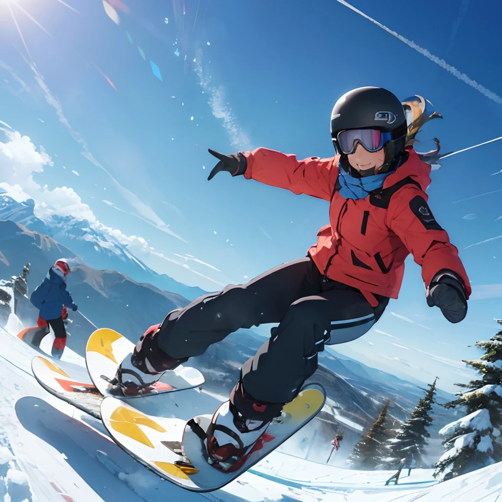 masutepiece, Best Quality, 8K_Wallpaper, (Beautiful eyes), ((of the people around２Glide twice as fast)), Cute, (Yellow Wear、Outerwear is blue、Red pants),1girl in,small tits,1 girl、Smile,()、(((Glide from the summit)))、Ski resort on a sunny day、snow board、(((A girl is snowboarding down a slope)))(((Wear a snowboard)))、