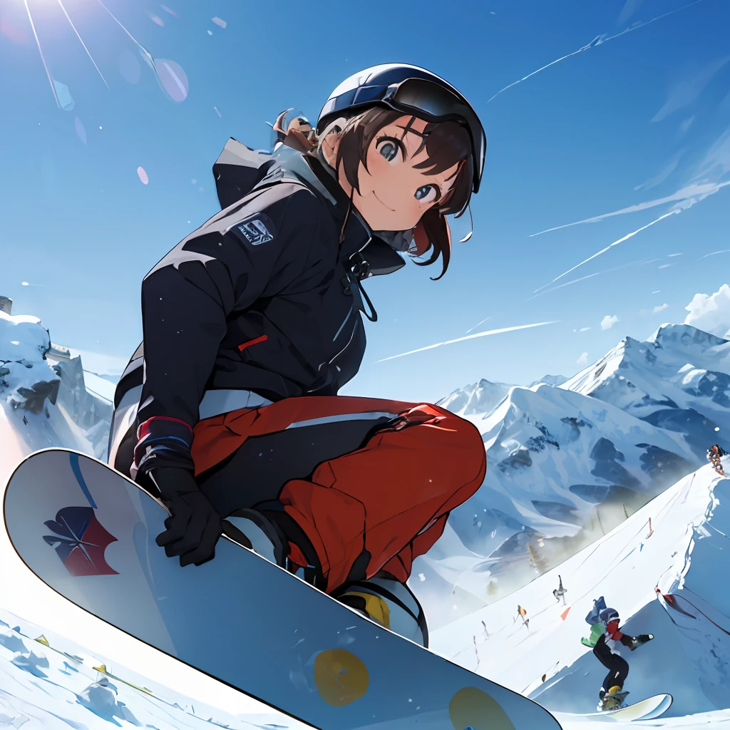 masutepiece, Best Quality, 8K_Wallpaper, (Beautiful eyes), ((of the people around２Glide twice as fast)), Cute, (Yellow Wear、Outerwear is blue、Red pants),1girl in,small tits,1 girl、Smile,()、(((Glide from the summit)))、Ski resort on a sunny day、snow board、(((A girl is snowboarding down a slope)))(((Wear a snowboard)))、