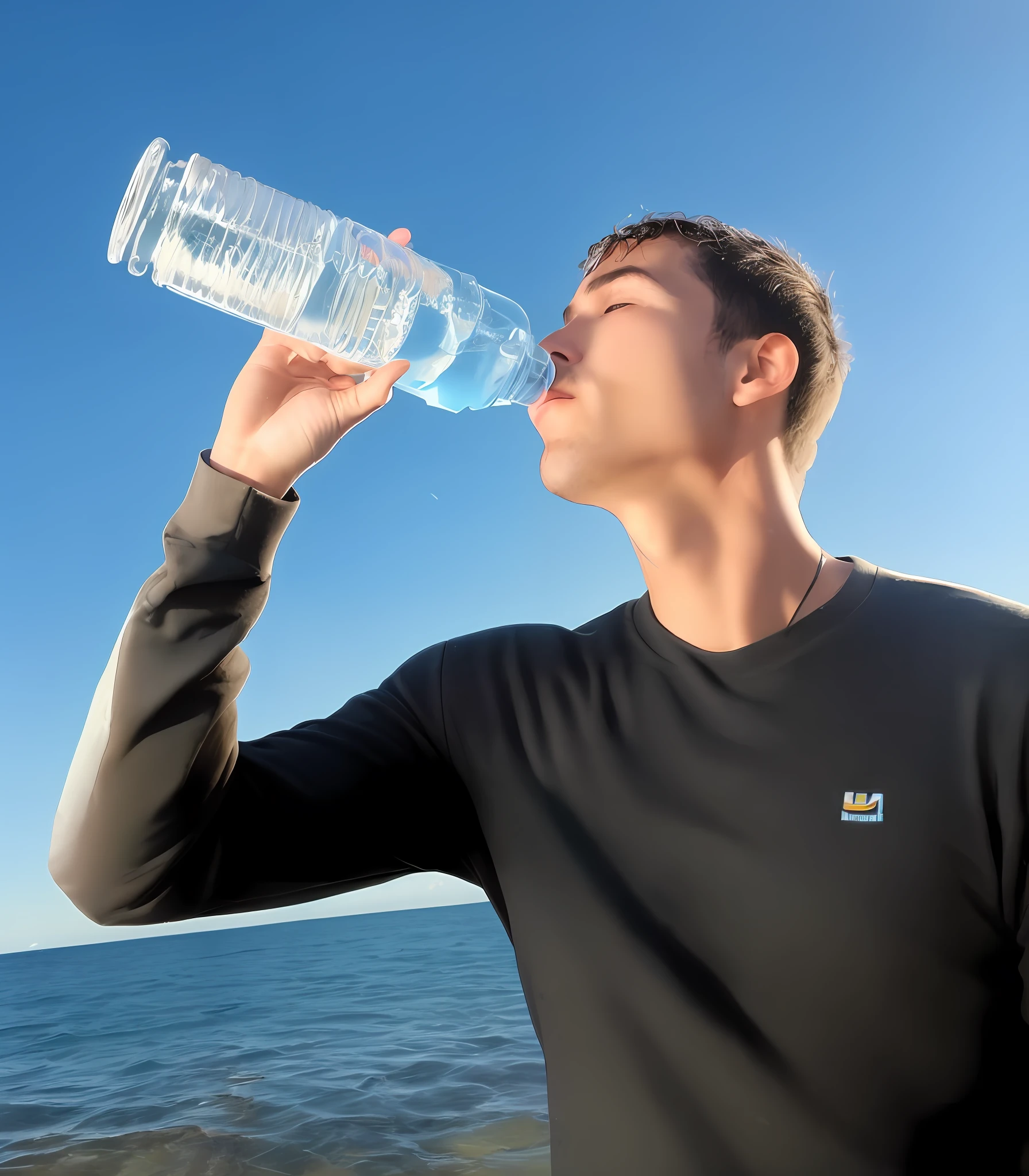 Arafed man drinking water from a plastic bottle on the beach, peacefully drinking river water, water to waist, hydration, water, water water, water in background, muita sede, transhumanist hydration, tansparent water, segurando uma garrafa, Beber, Water particulate, filling with water, sede, water dripping off him, light water, Water for waste