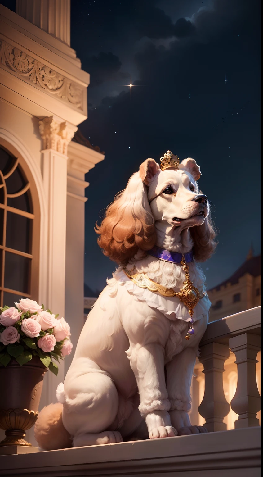 dog breed royal poodle, sits on the balcony of the palace and looks at the night sky on which the star is flying, on the balcony you can add vases with flowers
I would like a smartphone format to put on the wallpaper.