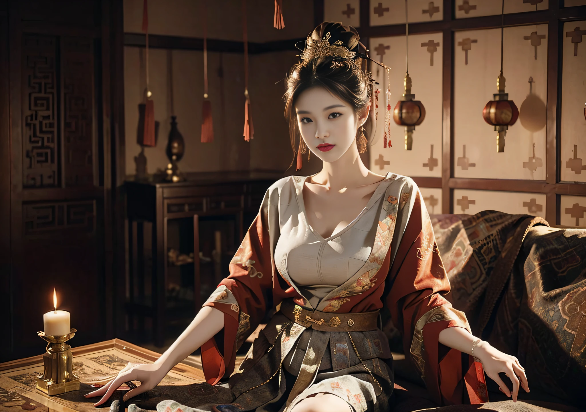 The Arad woman sat on the sofa in the room，holding a candle, Palace ， A girl in Hanfu, Hanfu, Wearing ancient Chinese clothes, with acient chinese clothes, Traditional beauty, a beautiful fantasy empress, White Hanfu, Chinese style, Traditional Chinese clothing, Beautiful rendering of the Tang Dynasty, Princesa chinesa antiga, Chinese costume, inspired by Gu An
