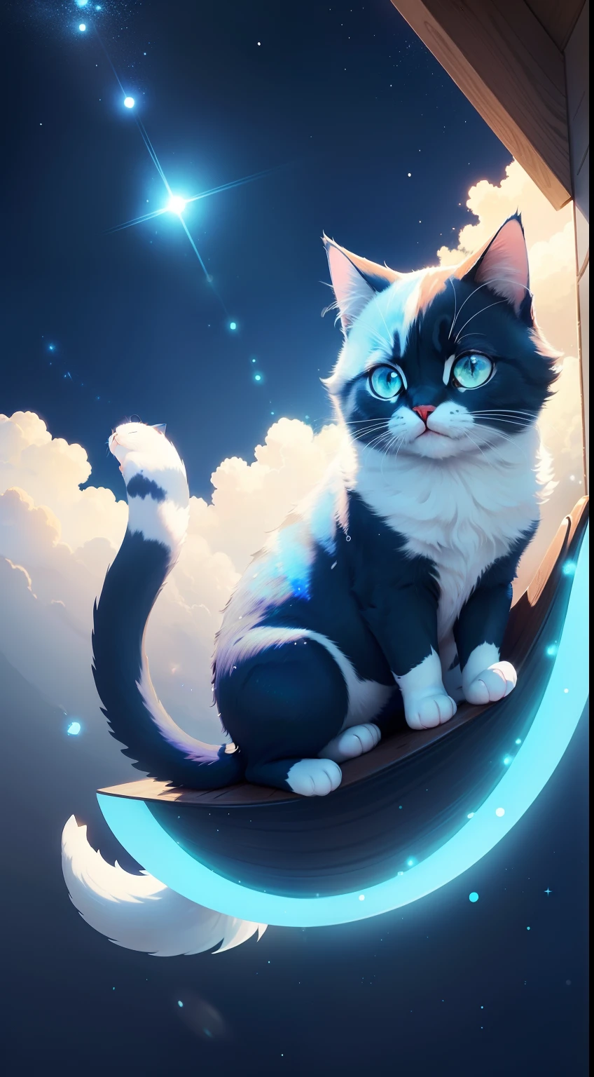 Cute cat，Luminous design，gorgeous color，Ink drops，Blue sky，Whales in the starry sky，Pixar, anime style, Ghibli-like colours