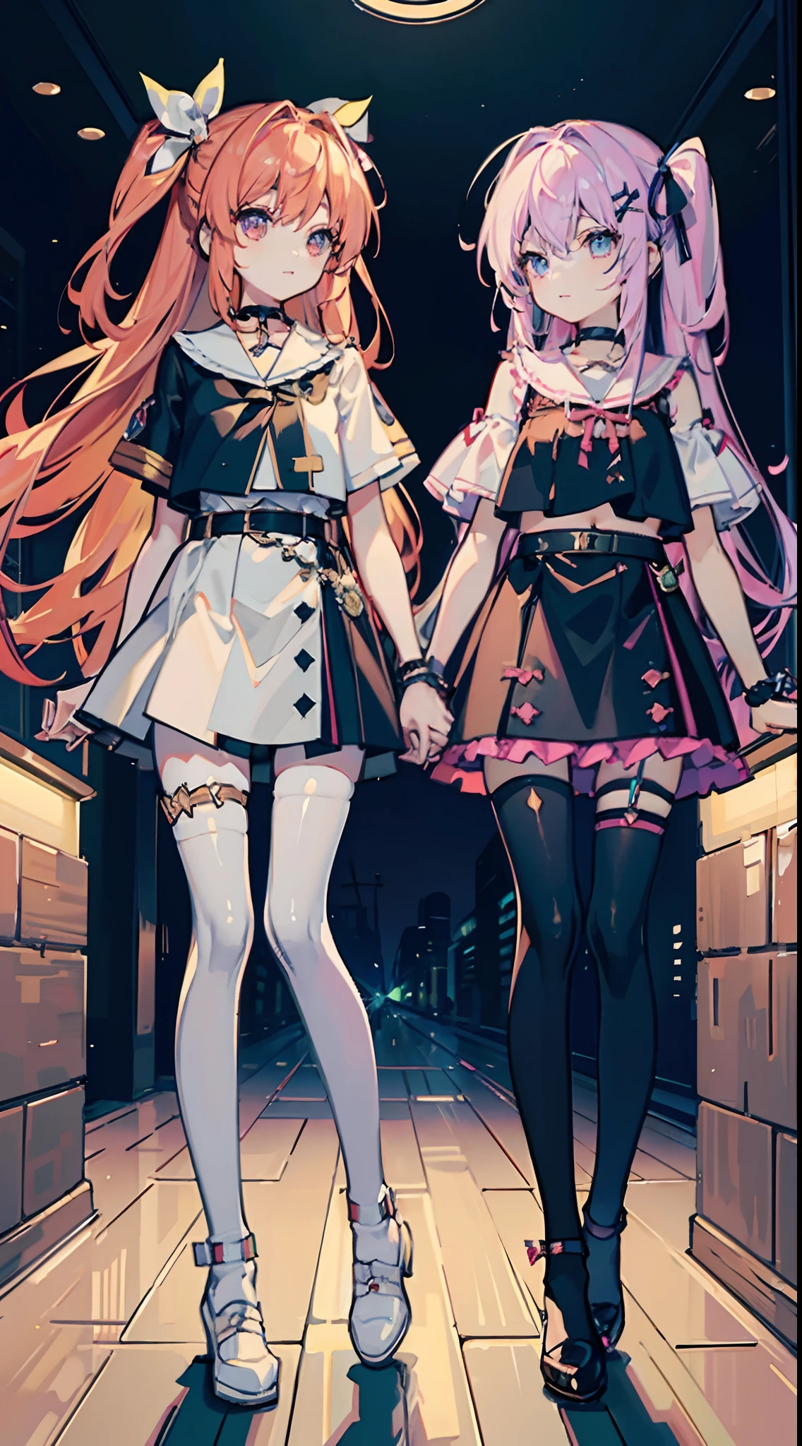 ,twins, Masterpiece,Best quality,offcial art,Extremely detailed Cg Unity 8K wallpaper, 2girls, cute female child, Yuri, hair adornments, Short shorts, Crop top, Pantyhose, ribbon_choker necklace, leg belt,