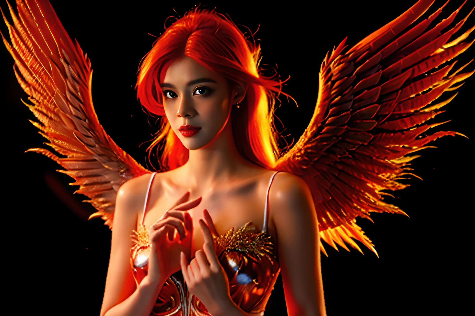 A beautiful angel, with red hair turning to fire, An angel woman, (((pechos grandes, An angel with wings of fire))), Transmite calidez y paz, papel tapiz, 8k, Detalles intrincados, obra-prima