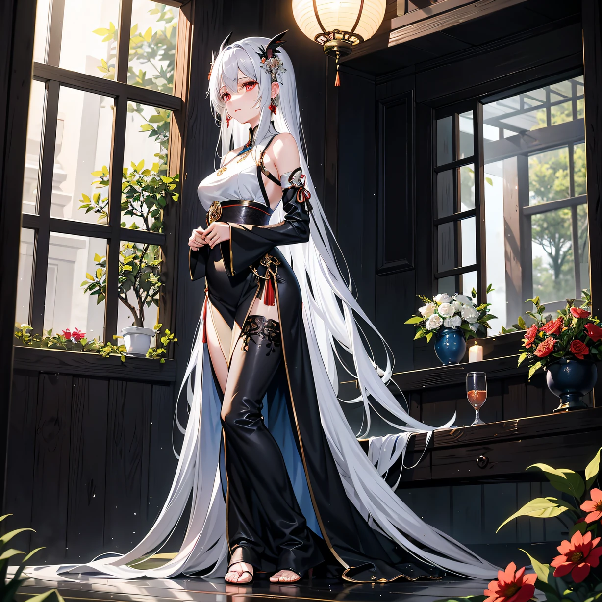 ，Masterpiece, Best quality，8K, 超高分辨率，Late at night in the forest，A bright moon hangs high in the sky。The shadows of the trees swayed，An old house came into view。Stone walls wrapped around ivy imprisoned the house in secluded darkness。Vampire queen standing in the doorway，The beautiful figure reveals a thousand years of silence and wisdom。Her hair is as long as a waterfall，light breeze，Silver flashes。Her slender and tall body was draped in a gorgeous black gauze robe，Like the embodiment of the night。The corners of her mouth turned up slightly，It seems to mock the short human life and the fear of ignorance。The surrounding flowers and trees seemed to fall in love with her，Silently guarding this eternal existence。