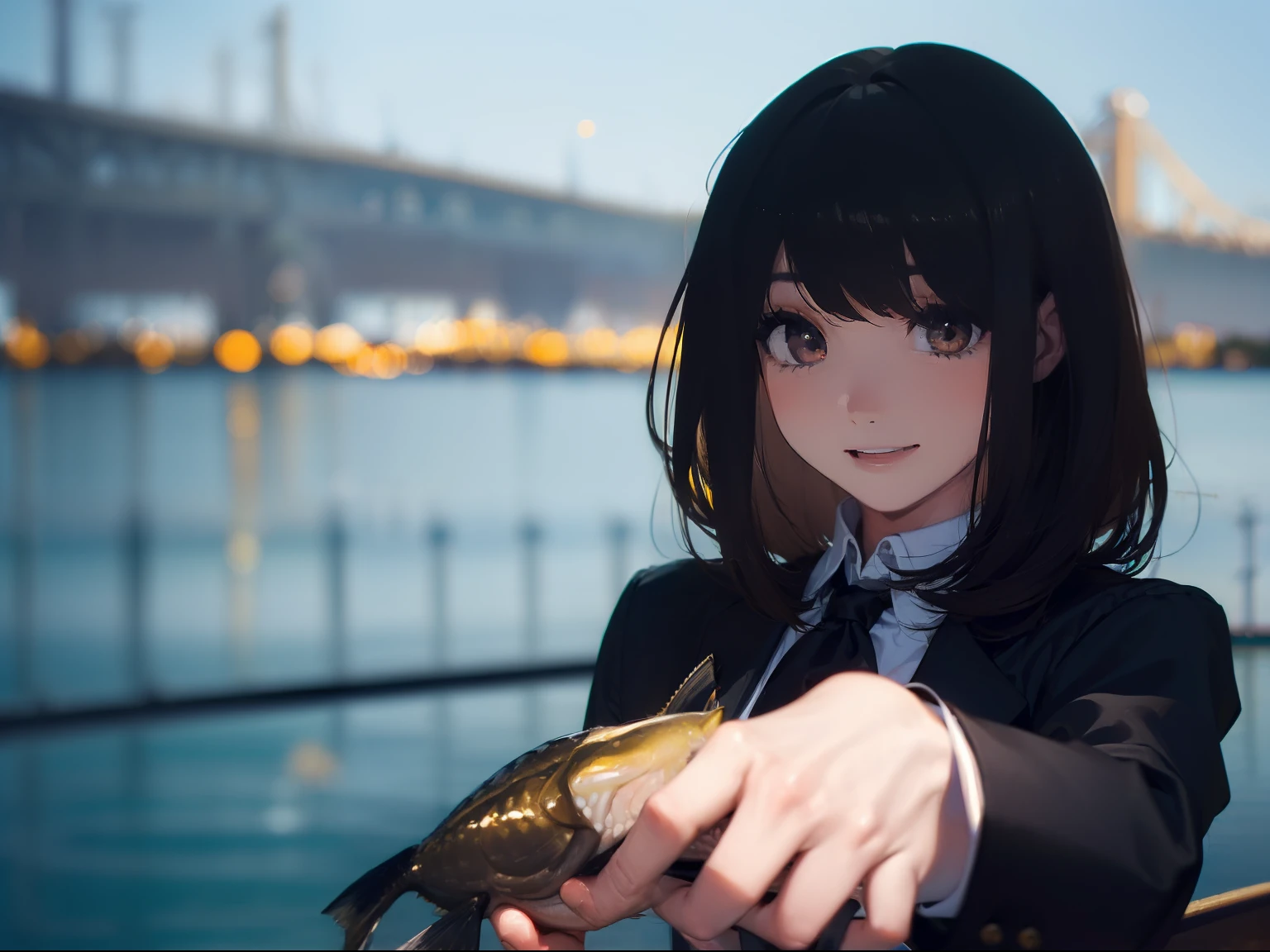 ((((Catch a big black bass by the lake:1.5)))),((1 female 22 years old))((Best Quality, masutepiece :1.5)),(((Hands with the correct number and structure of fingers:1.5))),hight resolution,ultra-detailliert,masterpiece,best qualtiy,,Black hair, long eyeslashes, Solid Circle Eyes, Smiling Woman, drop shadow, Atmospheric perspective,Super Detail, ccurate, small brest,(Black jacket :1.1),top-quality, blurry backround, bokeh dof:1.2, (masterpiece:1.3), Atmospheric perspective,Super Detail,dynamic compositions