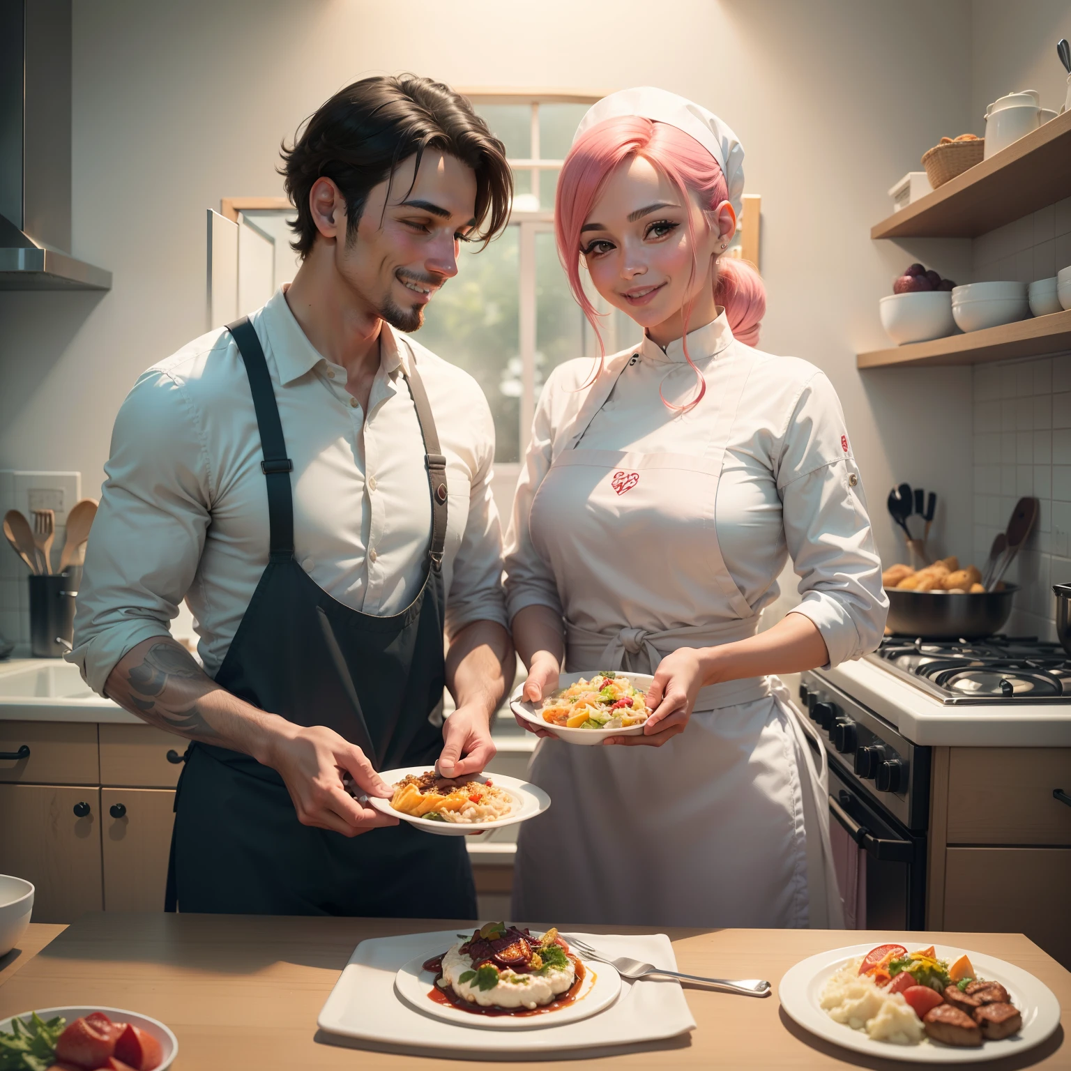 A couple dining in a luxurious restaurant, dining and being served by the chef, who is dressed only in an apron, with red hair, covered by the chefs' hat;
