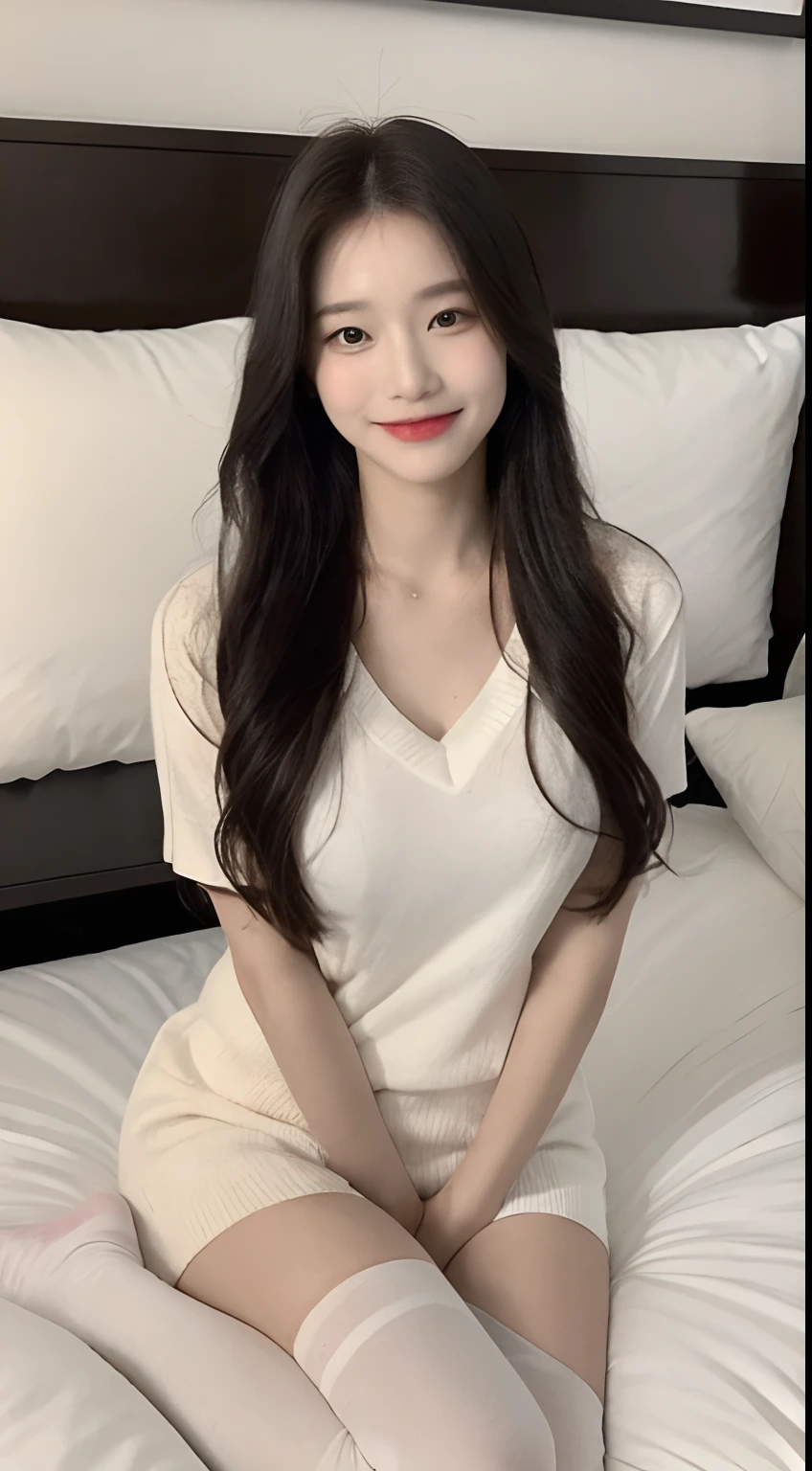 (1 Korean star with royal sister style), ((Best quality, 8K, 巨作: 1.3)), focal point: 1.2, Perfect body proportions: 1.4, (Make a smile), Watery eyes, Highly Detailed Face and Skin Textur, Fine eyes, Double eyelids, Whitens the skin, (long whitr hair,Shawl straight hair: 1.3), (face round: 1.5), (Black JK uniform: 1.4), (white stockings: 1.4),(JK style:1.4),(Girls' bedroom:1.3)(sit on a bed:1.3)