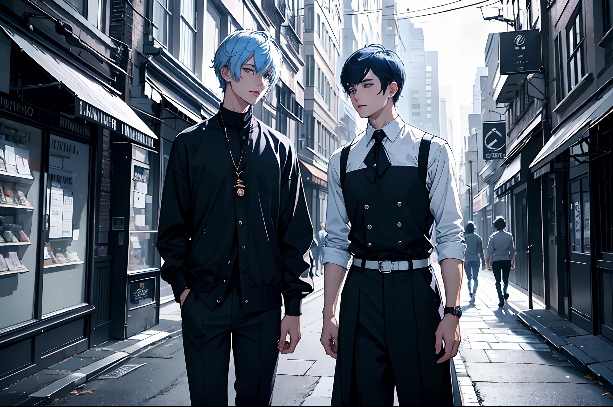 (yaoi),(delicate composition:1.5),(Masterpiece), best quality face, ((super-detailed)), (very fine 4K super fine color), (ultra-detailed body), (gay male relationship), Male couple, 1man and 1man,eye contact,Adults, smiling, With a purple haired man with a wild expression, with light blue hair Man with gentle expression,tall, cowboy shot, fashion in black and white,short hair above the ears, finely eye, intricate detailes, Modern urban streets, tenderness, queers, scenery, add_detail:1, add_detail:0, add_detail:0.5