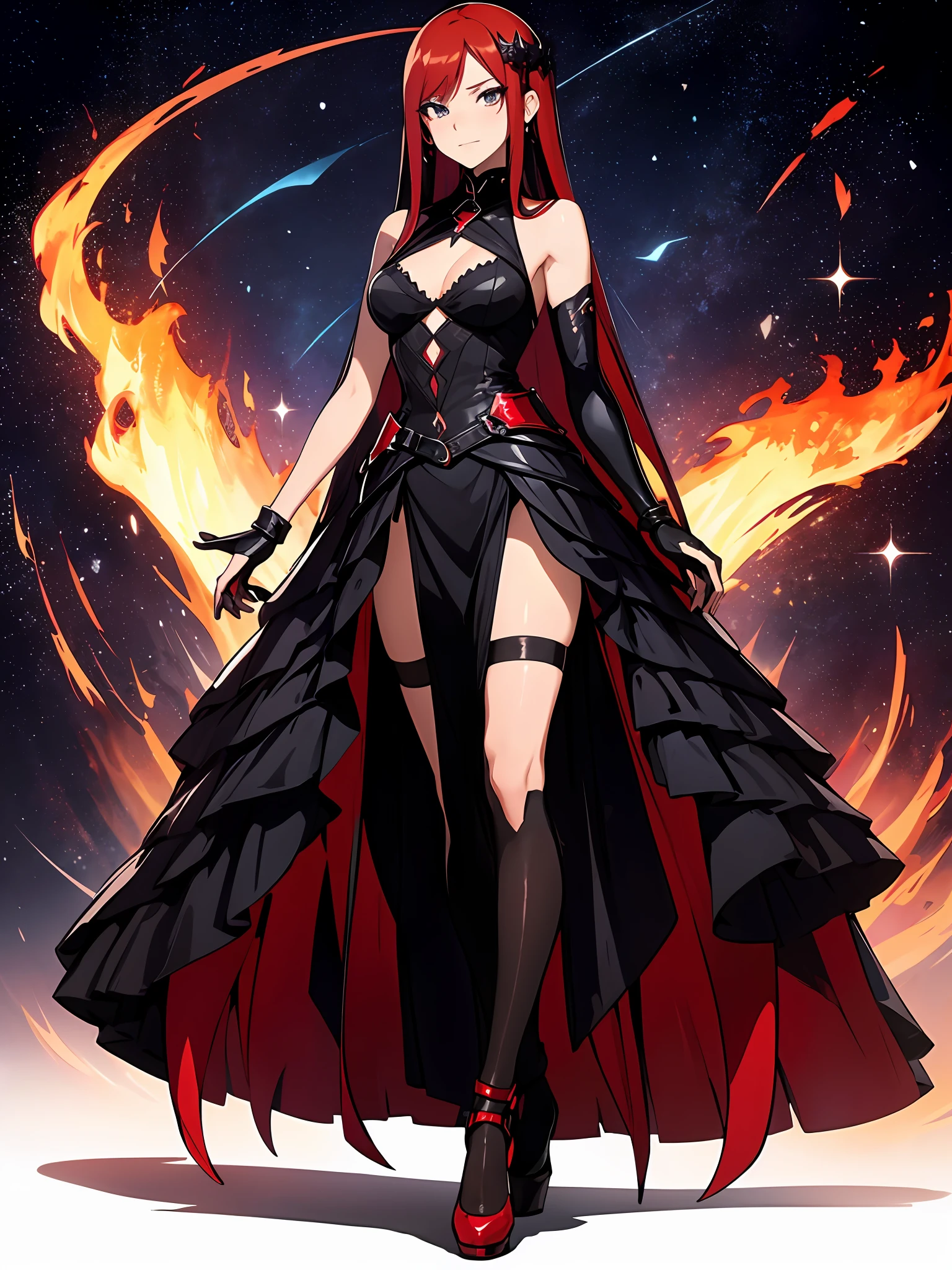 best qualityer,tmasterpiece,Ultimate resolution,downy,Extremely colorful,Colorful,Lady,a matural female,Black dress long dress,Gorgeous dress,huge tit,(long red hair,A burn),(black lence stockings,Stiletto sandals),soles of feet,red starry sky,Normal posture,Normal posture, red wings from the back, Fire in the background