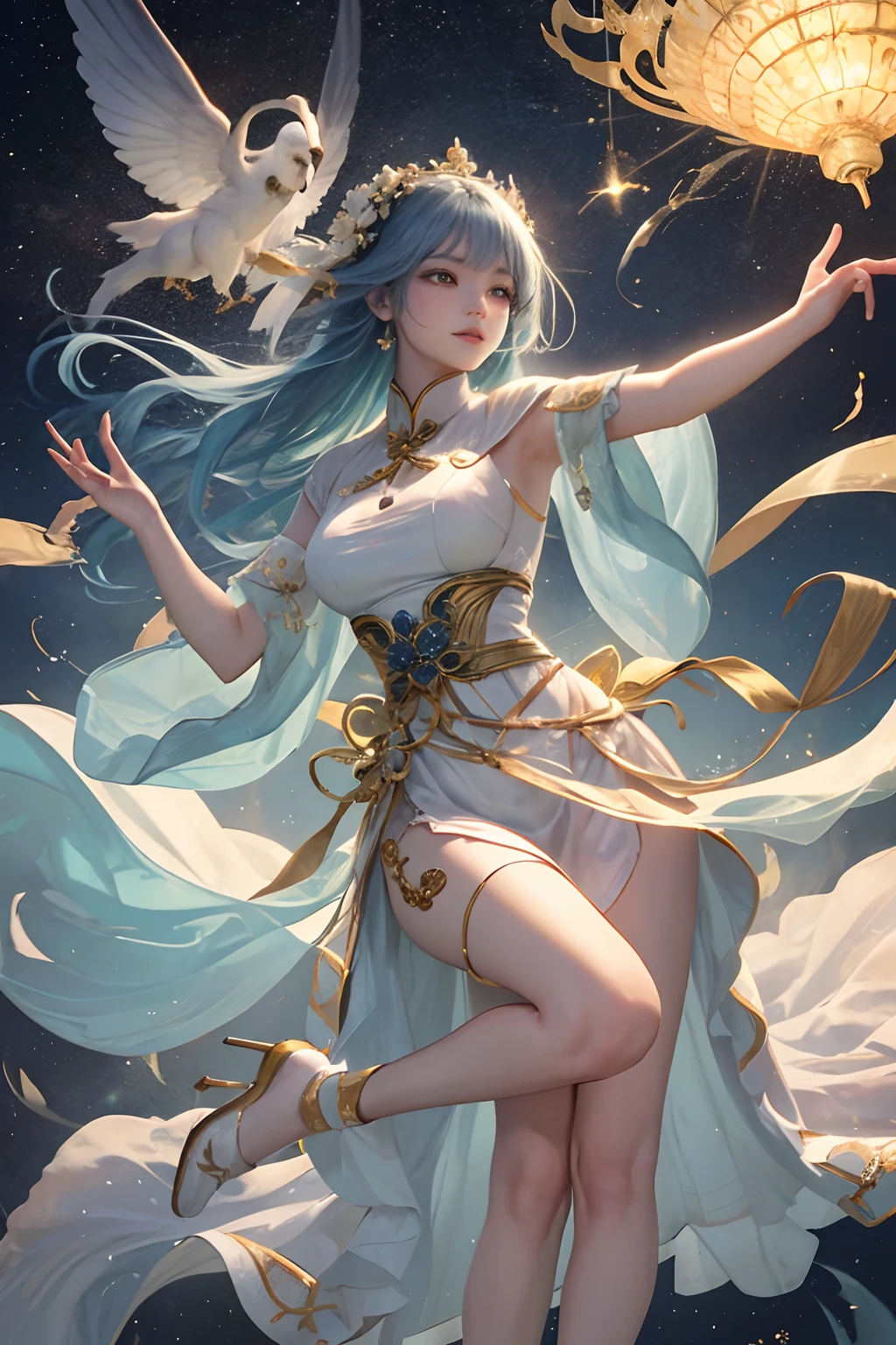 On the night of the full moon,Clouds and osmanthus float down somewhere in China,Dancing girls in Han costumes dance。By this time,A beautiful fairy descended from the sky,Covered in clouds,Holding osmanthus in hand,Smile and look at the dancing girl。Her face is beautiful、ellegance,It was as if the gods in the sky were under mortals。The full moon hangs high,illuminated her figure,Make her look even more magical and charming。
Chang'e is a legendary fairy,Wearing Hanfu,Wear a garland on your head,Long skirt tied at the waist,Osmanthus cake in hand。Her dancing and graceful temperament,People can't help but think of the beautiful scenery in the Moon Palace。
In this mysterious and beautiful world,Chang'e dances with the dancing girls,Osmanthus and clouds fluttered beside them。It was an intoxicating dance show,Let people feel the charm and mystery of traditional Chinese culture。