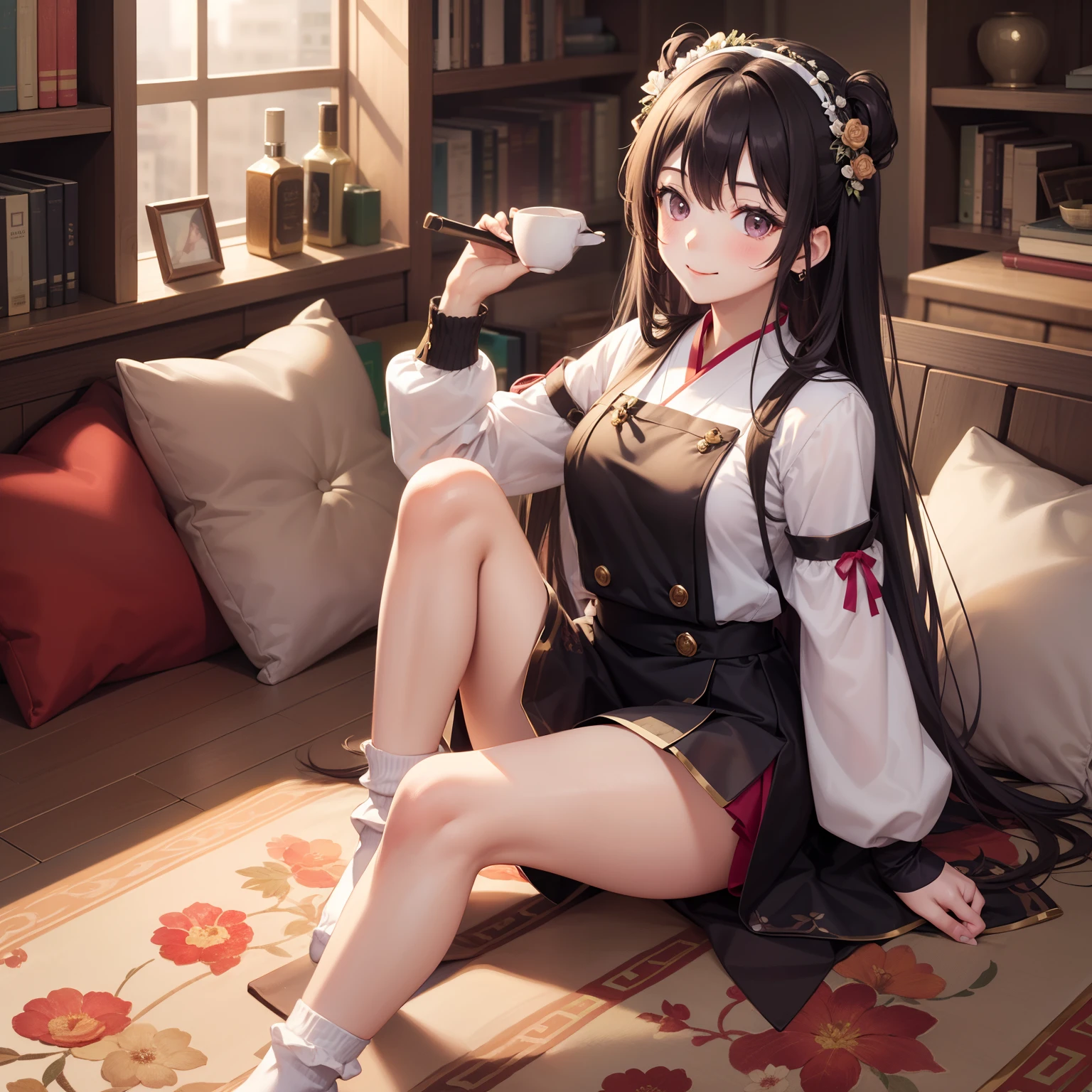((masterpiece)), highest quality, 1 girl, 、、bob hair、Commemorative photo、view from below、smile、School、uniform、stripes々panties、sole、sitting on the desk