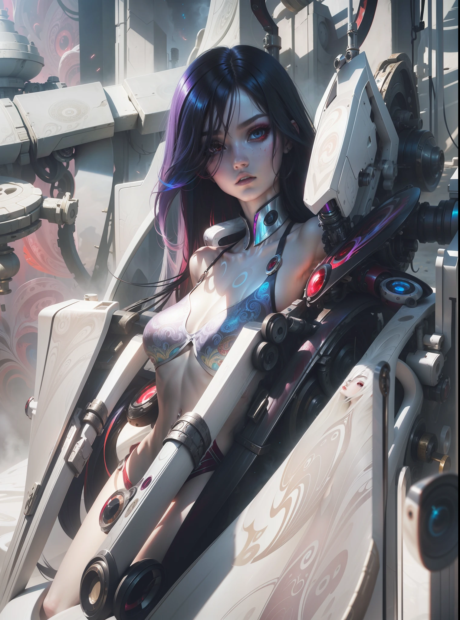 Masterpiece, Best Quality, Girls, Slender, Red Eyes, Hair Color, Iridescent, Long Hair Spreading, White Skin, Medium, Cute, Sexy, Near Future, Bikini, Exposed Skin, Night, Psychedelic, Trip, Extreme Color, Paisley Theme, Open Legs, Mechanical Left Arm, Full Body