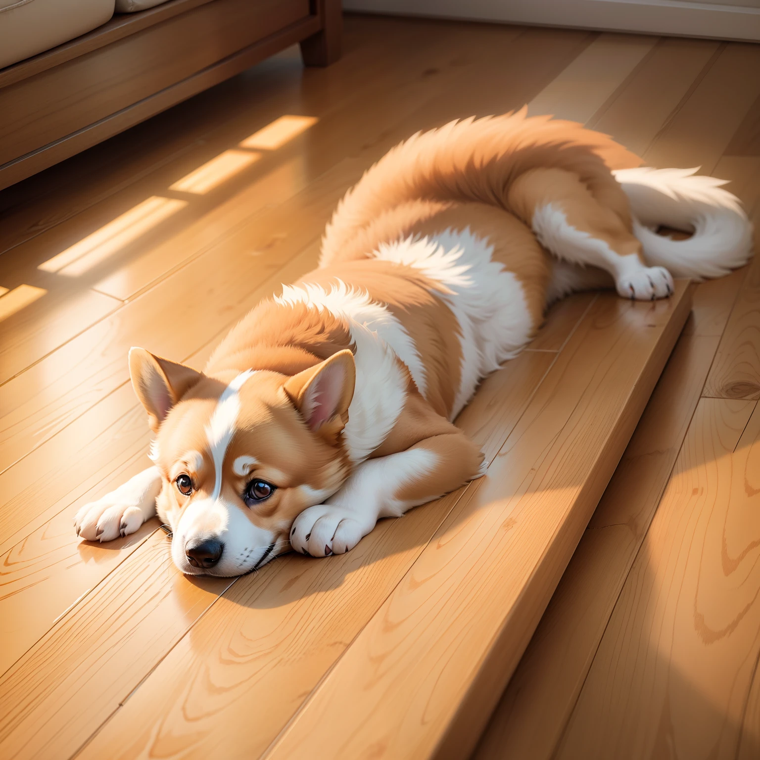 A corgi dog gets sick at home,Lying weakly on the floor