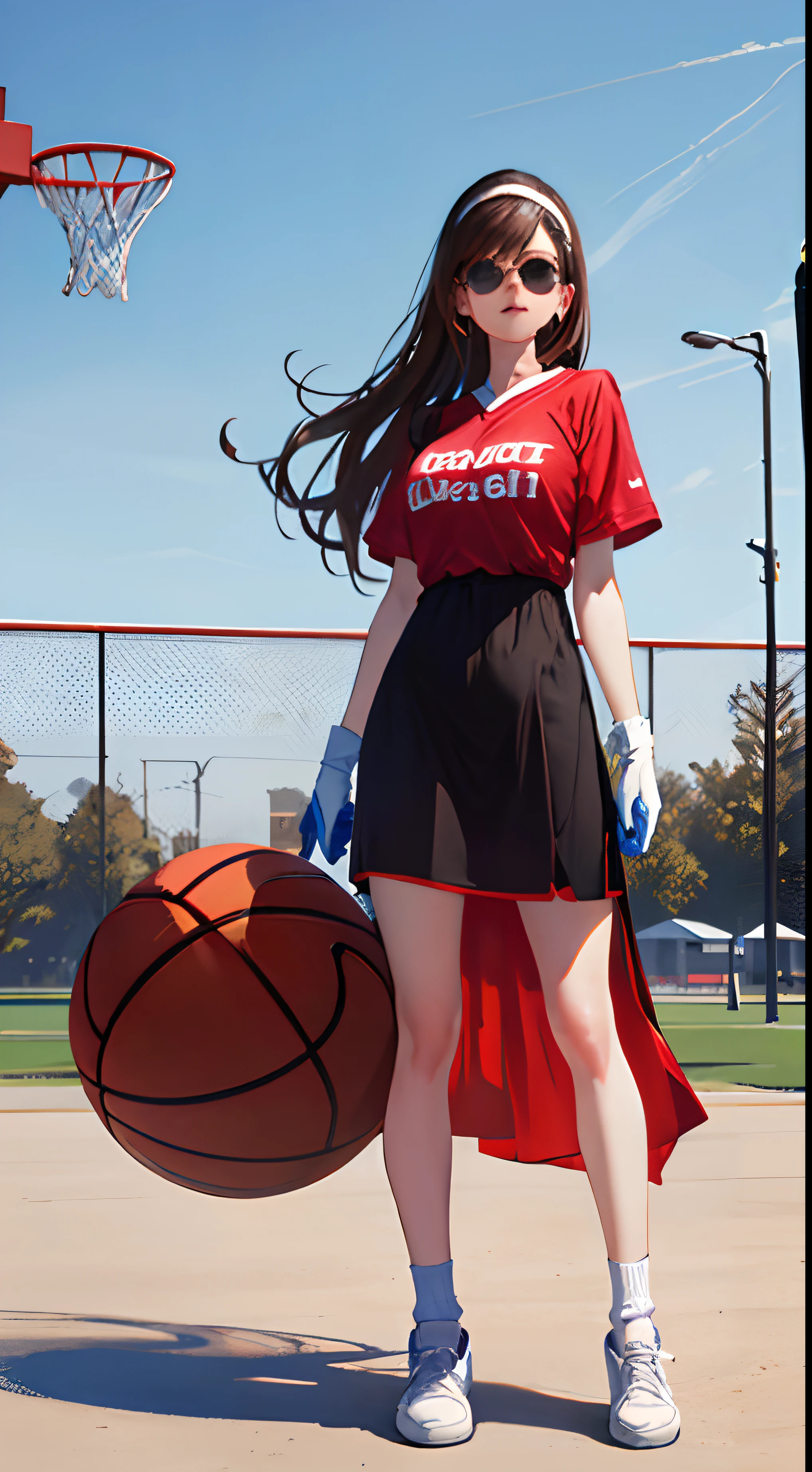 Outdoors,basketball playground,(Masterpiece, Top quality, Best quality, offcial art, Beautiful and aesthetic:1.2), (1girll:1.3), (delicate leg:1.3),((Masterpiece, Best quality,Photorealistic,)),(Magazines:1.3), (Beautiful dress:1.3),Fashionab,Girl,full bodyesbian,Solo,Playing basketball, mitts, Headband,Blue sweatpants, pony tails,Pants,Black gloves, Large breasts, Long hair, Red basketball shirt,Brown hair, midriff, jewelry, White socks, White footwear, Cord, navel,shades, White socks, view the viewer,standing,..Don't have a character background
