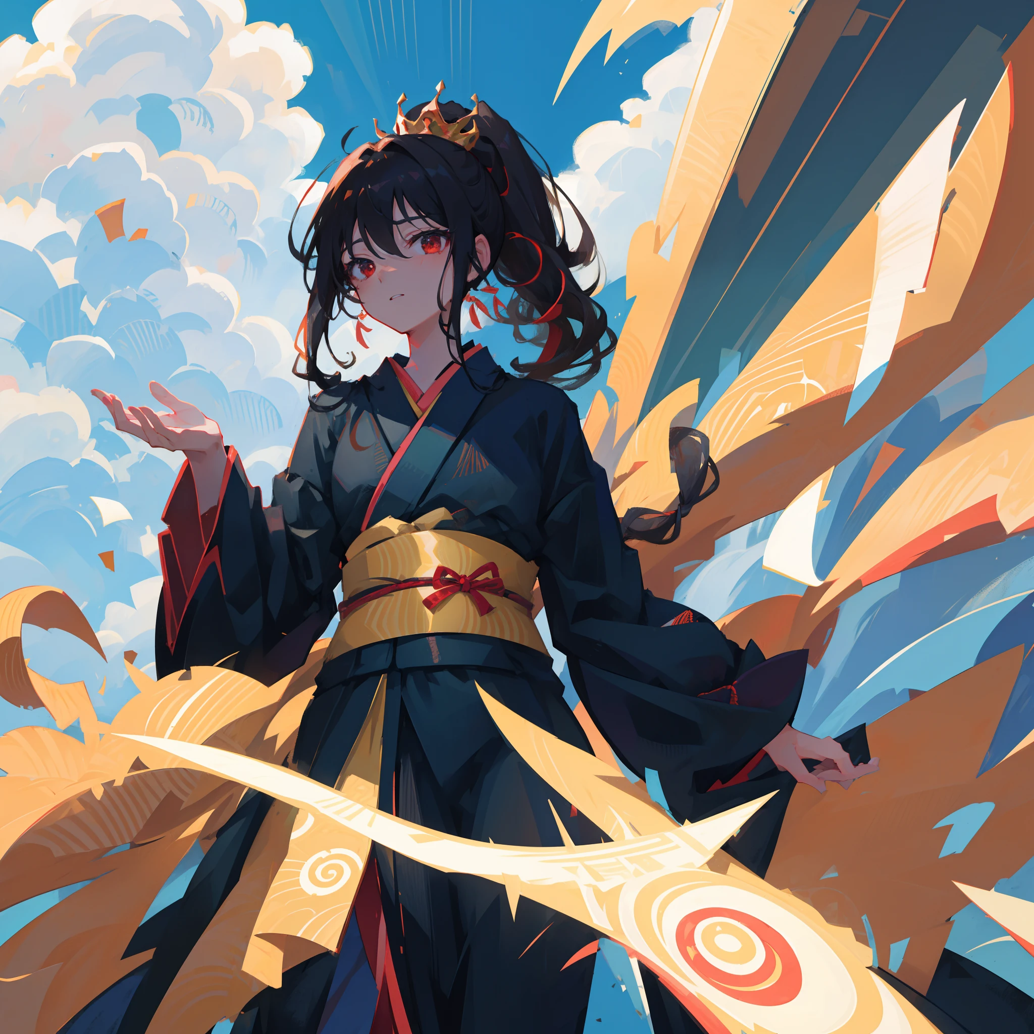 1 Anime shoujo,Head,Look at you head-on,with black background,Qi bangs,nigth,solo person,Elongated eyes,Half open your eyes,black kimono,brunette color hair,High ponytail,Seasonal hairstyles,Qi bangs,Princess cut,red - eyed