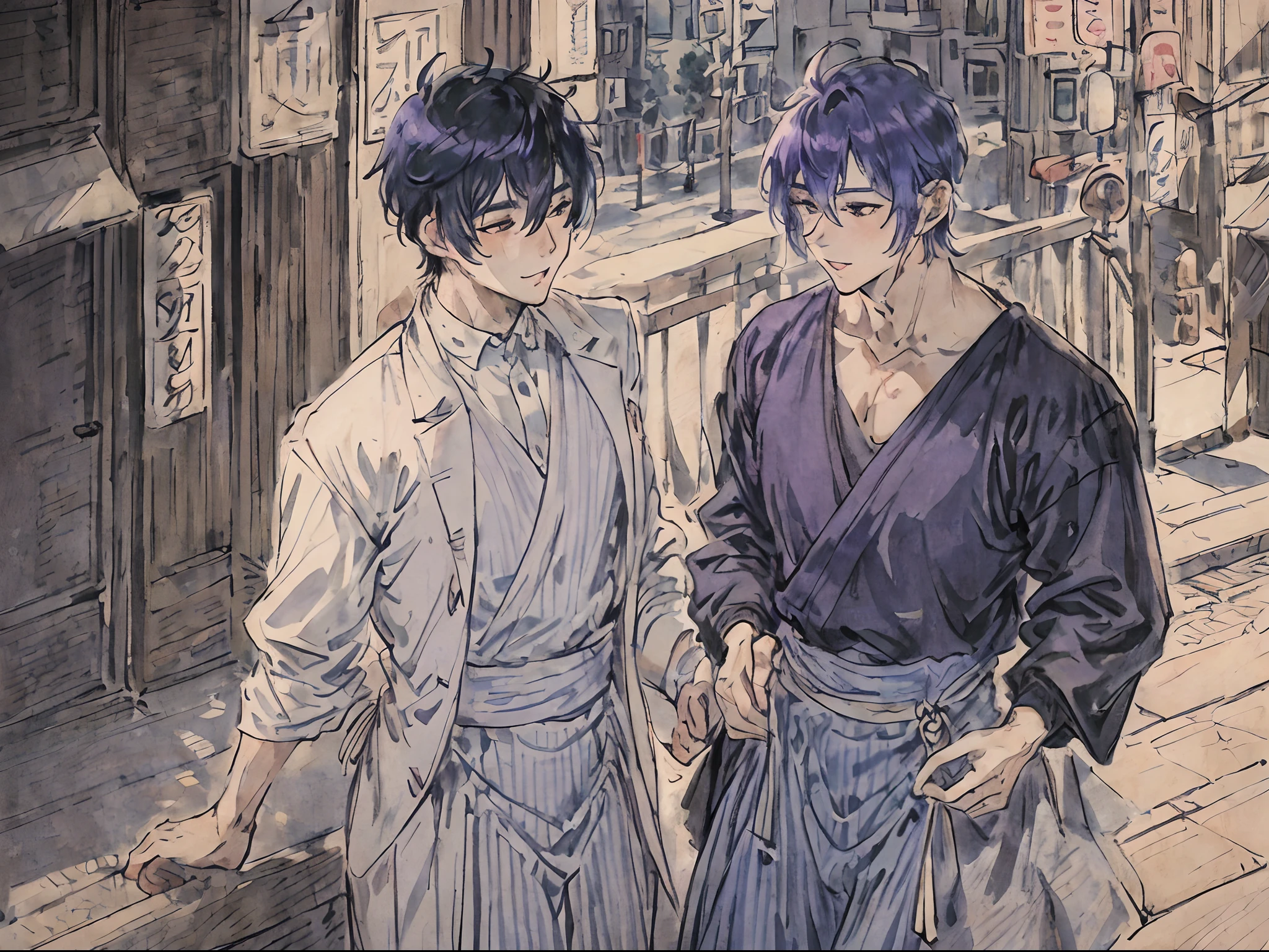 (yaoi),(delicate composition:1.5),(Masterpiece), best quality face, ((super-detailed)), (very fine 4K super fine color), (ultra-detailed body), (gay male relationship), Male couple, 1man and 1man,eye contact,Adults, smiling, With a purple haired man with a wild expression, with light blue hair Man with gentle expression,tall, cowboy shot, fashion in black and white,short hair above the ears, finely eye, intricate detailes, Modern urban streets, tenderness, queers, scenery, add_detail