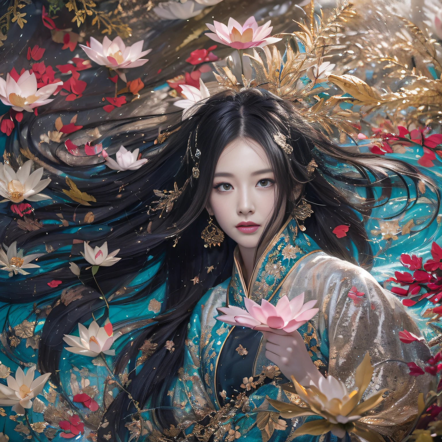 32K（tmasterpiece，k hd，hyper HD，32K）Long flowing black hair，ponds，zydink， a color，  Xuzhou people （seductiv）， （Transparent tulle）， Mahjong gestures， looking at the ground， Maruko long hair， Floating hair， Carp pattern headdress， Chinese long-sleeved gold silk armor， （Abstract gouache splash：1.2）， Pink petal background，Pink and white lotus flowers fly（realisticlying：1.4），Black color hair，Fallen leaves flutter，The background is pure， A high resolution， the detail， RAW photogr， Sharp Re， Nikon D850 Film Stock Photo by Jefferies Lee 4 Kodak Portra 400 Camera F1.6 shots, Rich colors, ultra-realistic vivid textures, Dramatic lighting, Unreal Engine Art Station Trend, cinestir 800，Long flowing black hair，Clear blue gauze clothes