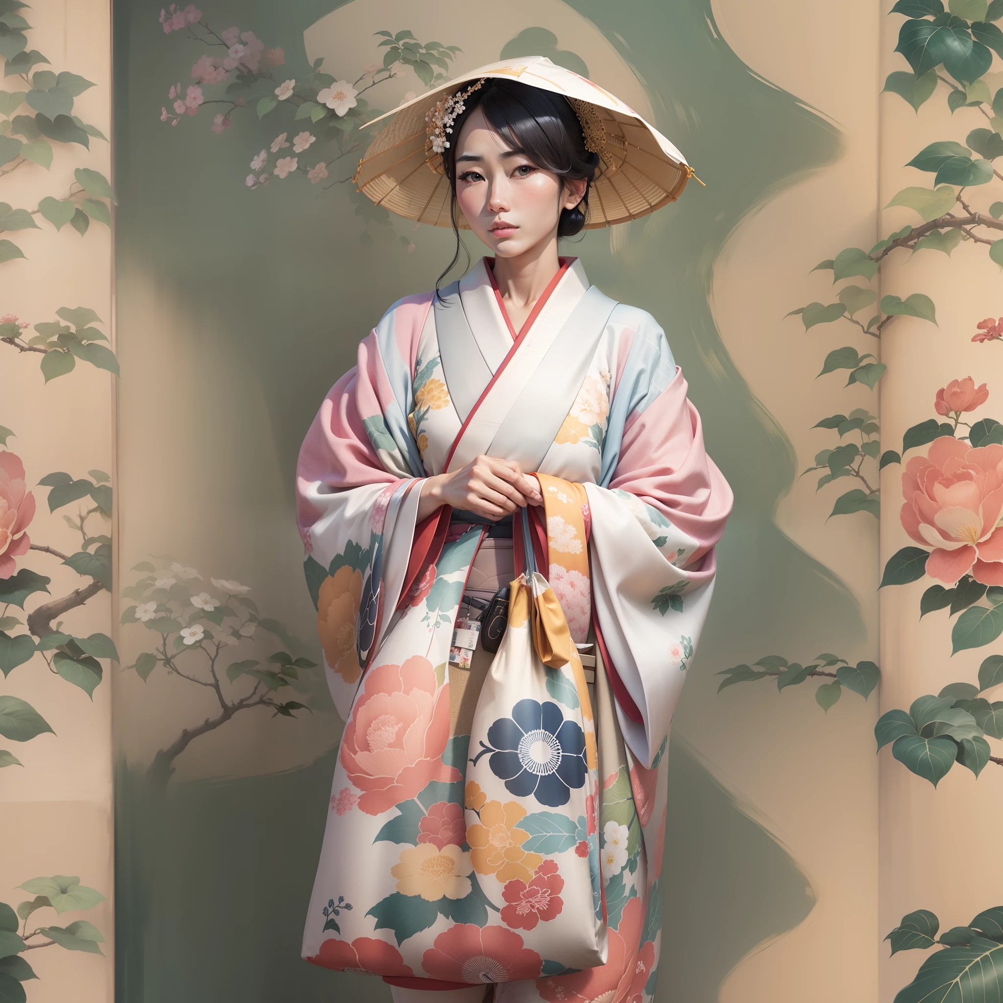 japanese model carrying a Kimono fabric bag. photo realistic