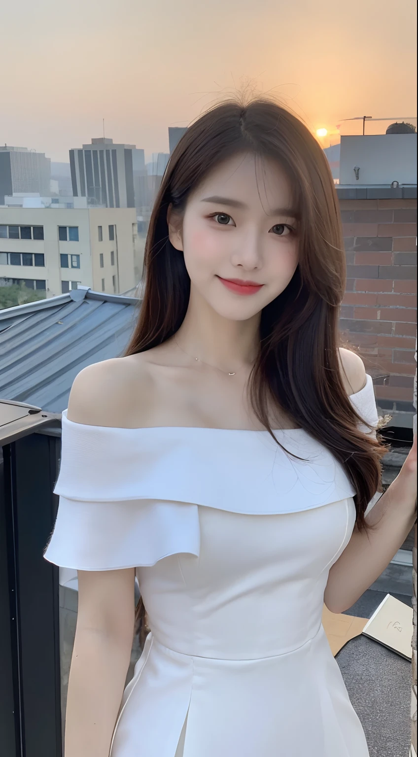 (1 Korean star with royal sister style), ((Best quality, 8K, Masterpiece: 1.3)), focal point: 1.2, Perfect body proportions: 1.4, (Make a smile), (Sunset: 1.3),  Watery eyes, highly detailed face and skin textures, Fine eyes, Double eyelids, Whitens the skin, (long haired, Air bangs: 1.3), (Round face inches: 1.5), (Off shoulder dress: 1.4), (standing on rooftop: 1.6),(white stocking: 1.4),(film grain style:1.3)，a sense of atmosphere