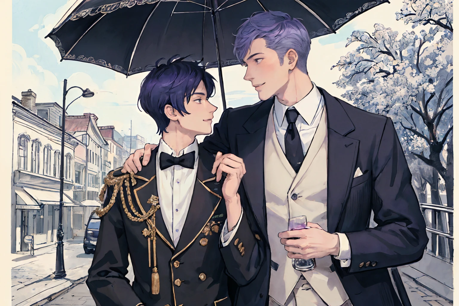 (yaoi),(delicate composition:1.5),(Masterpiece), best quality face, ((super-detailed)), (very fine 4K super fine color), (ultra-detailed body), (gay male relationship), Male couple, 1man and 1man,eye contact,Adults, smiling, With a purple haired man with a wild expression, with light blue hair Man with gentle expression,tall, cowboy shot, fashion in black and white,short hair above the ears, finely eye, intricate detailes, Modern urban streets, tenderness, queers, scenery, add_detail:1, add_detail:0, add_detail:0.5