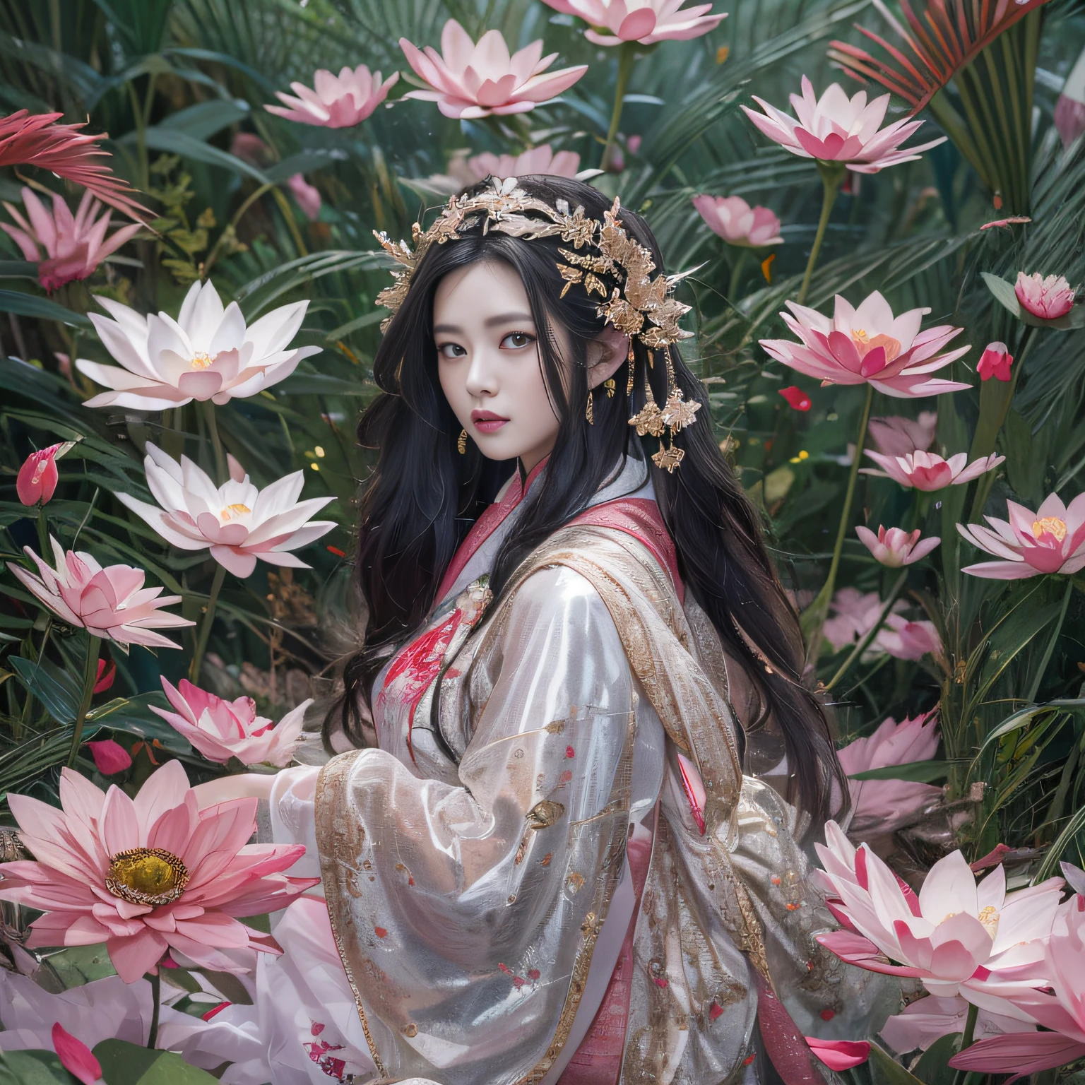 32K（tmasterpiece，k hd，hyper HD，32K）Long flowing black hair，Wine forest meat pool，zydink， a color，  Xuzhou people （seductiv）， （Scarlet and silver-white scarf）， Combat posture， looking at the ground， long whitr hair， Floating hair， Carp pattern headdress， Chinese long-sleeved cheongsam， （Abstract gouache splash：1.2）， Pink petal background，Pink and white lotus flowers fly（realisticlying：1.4），Black color hair，Fallen leaves flutter，The background is pure， A high resolution， the detail， RAW photogr， Sharp Re， Nikon D850 Film Stock Photo by Jefferies Lee 4 Kodak Portra 400 Camera F1.6 shots, Rich colors, ultra-realistic vivid textures, Dramatic lighting, Unreal Engine Art Station Trend, cinestir 800，Long flowing black hair，Tulle clothes