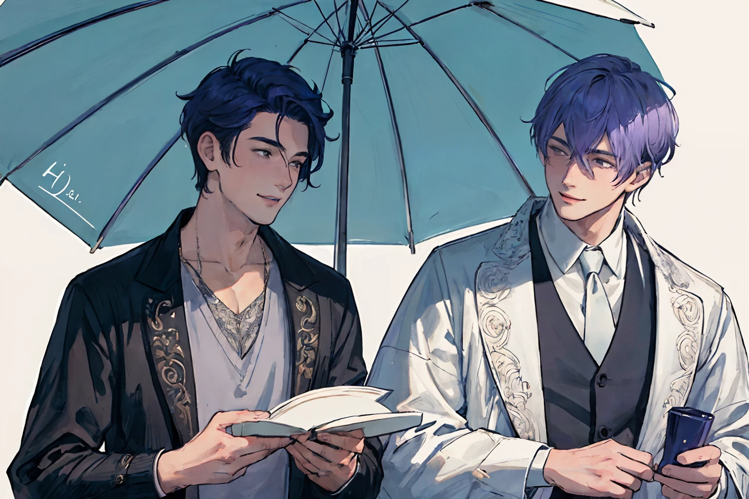 (yaoi),(delicate composition:1.5),(Masterpiece), best quality face, ((super-detailed)), (very fine 4K super fine color), (ultra-detailed body), (gay male relationship), Male couple, 1man and 1man,eye contact,Adults, smiling, With a purple haired man with a wild expression, with light blue hair Man with gentle expression,tall, cowboy shot, fashion in black and white,short hair above the ears, finely eye, intricate detailes, Modern urban streets, tenderness, queers, scenery, add_detail:1, add_detail:0, add_detail:0.5