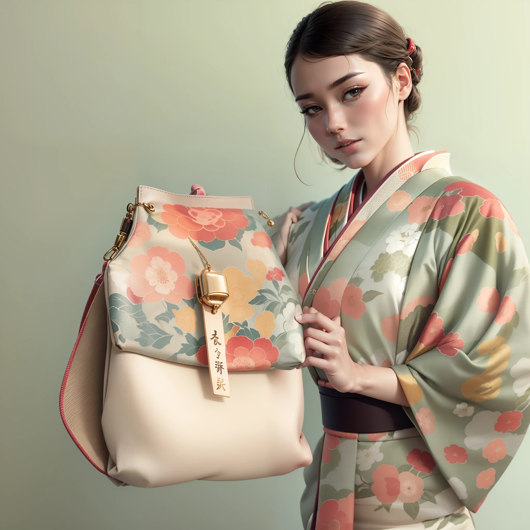 model holding a (Kimono fabric clasp bag) . photo realistic