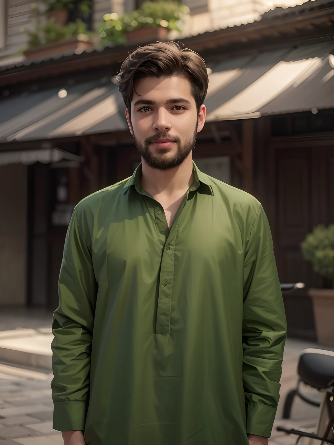 (8k), (best quality), (masterpiece:1.2), (realistic), (photorealistic:1.37), ultra-detailed,1boy,smile,Green plants,beautiful detailed eyes, beautiful detailed nose, full body