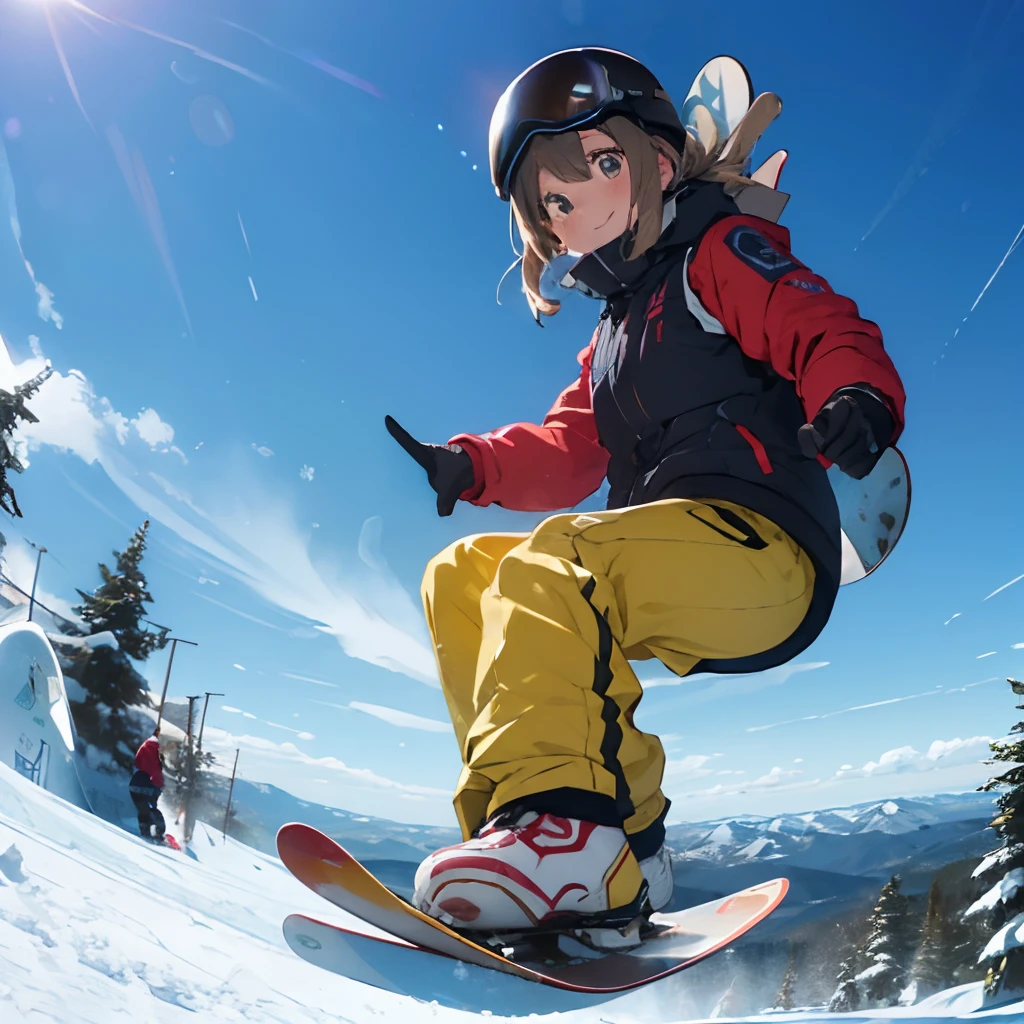 masutepiece, Best Quality, 8K_Wallpaper, (Beautiful eyes), ((of the people around２Glide twice as fast)), Cute, (Yellow Wear、Outerwear is blue、Red pants),1girl in,small tits,1 girl、Smile,()、(((Glide from the summit)))、Ski resort on a sunny day、snow board、(((A girl is snowboarding down a slope)))(((Wear a snowboard)))、