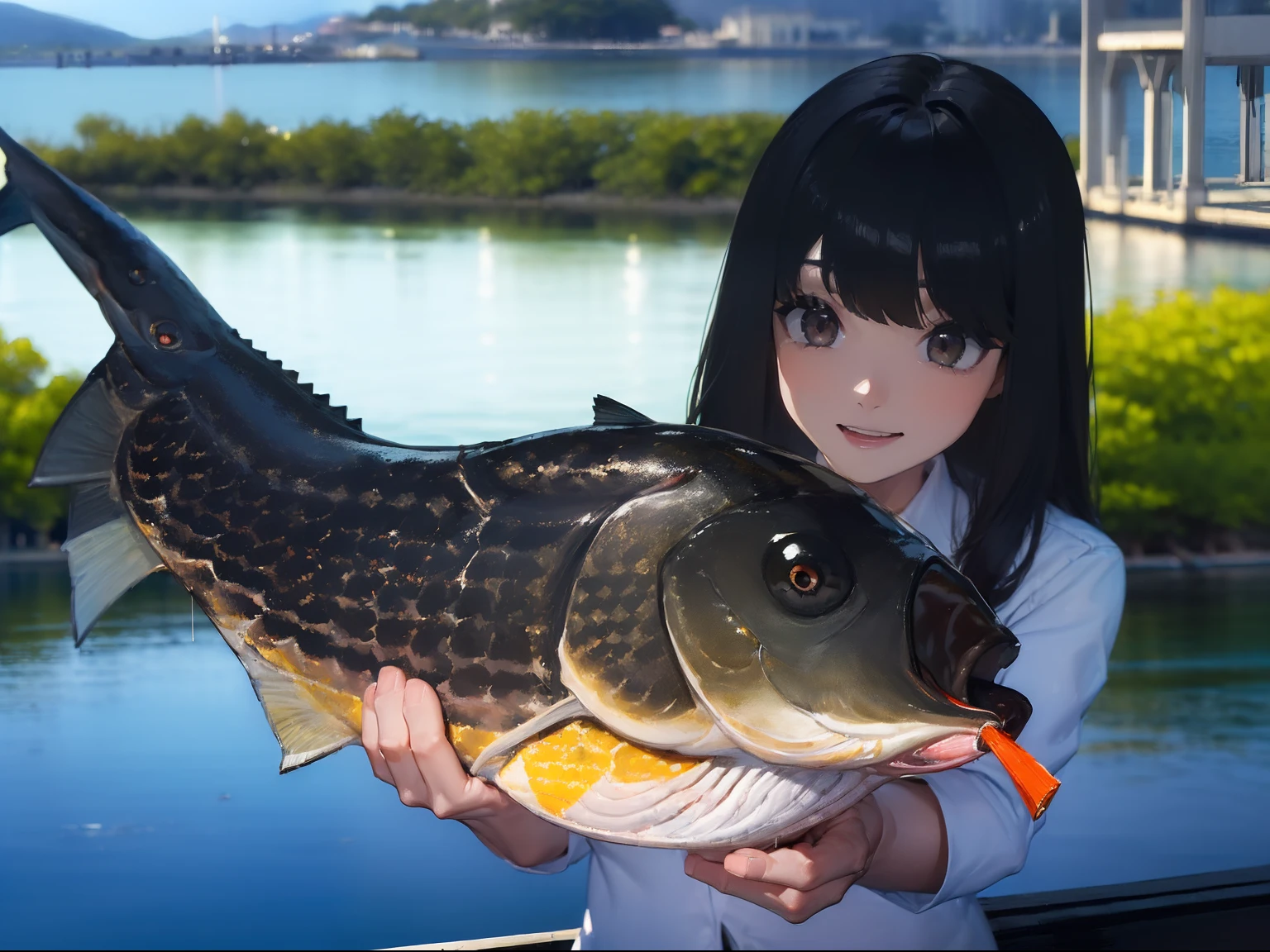 ((((Catch a big black bass by the lakeside:1.5)))),((1 Female 22 years old))((Best Quality, masterpiece :1.5)),(((Hands with the correct number and structure of fingers:1.4))),hight resolution,ultra-detailliert,masterpiece,best qualtiy,,Black hair, long eyeslashes, Solid Circle Eyes, Smiling Woman, drop shadow, Atmospheric perspective,Super Detail, ccurate, small brest,(Black jacket :1.1),top-quality, blurry backround, bokeh dof:1.2, (masterpiece:1.3), Atmospheric perspective,Super Detail,dynamic compositions
