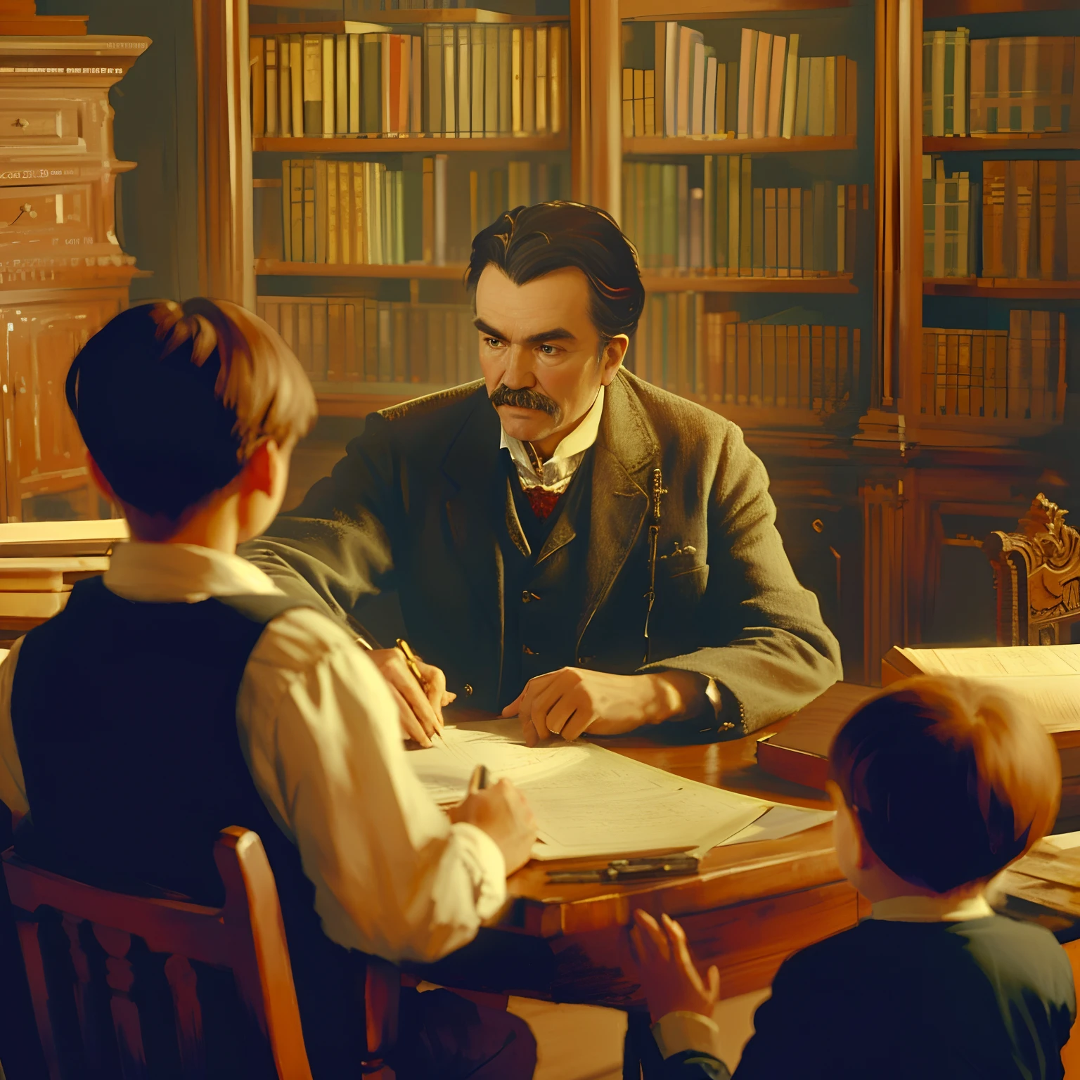 There is a painting of a man sitting at a table with children, kramskoi 4 mil, Estilo Taras Shevchenko, the librarian, Papel de parede - 1 0 2 4, lawther sit at table playing dnd, Librarian, inspired by the Brothers Hildebrandt, inspirado em Cristache Gheorghiu, Gustave Bauman, inspired by Édouard Debat-Ponsan