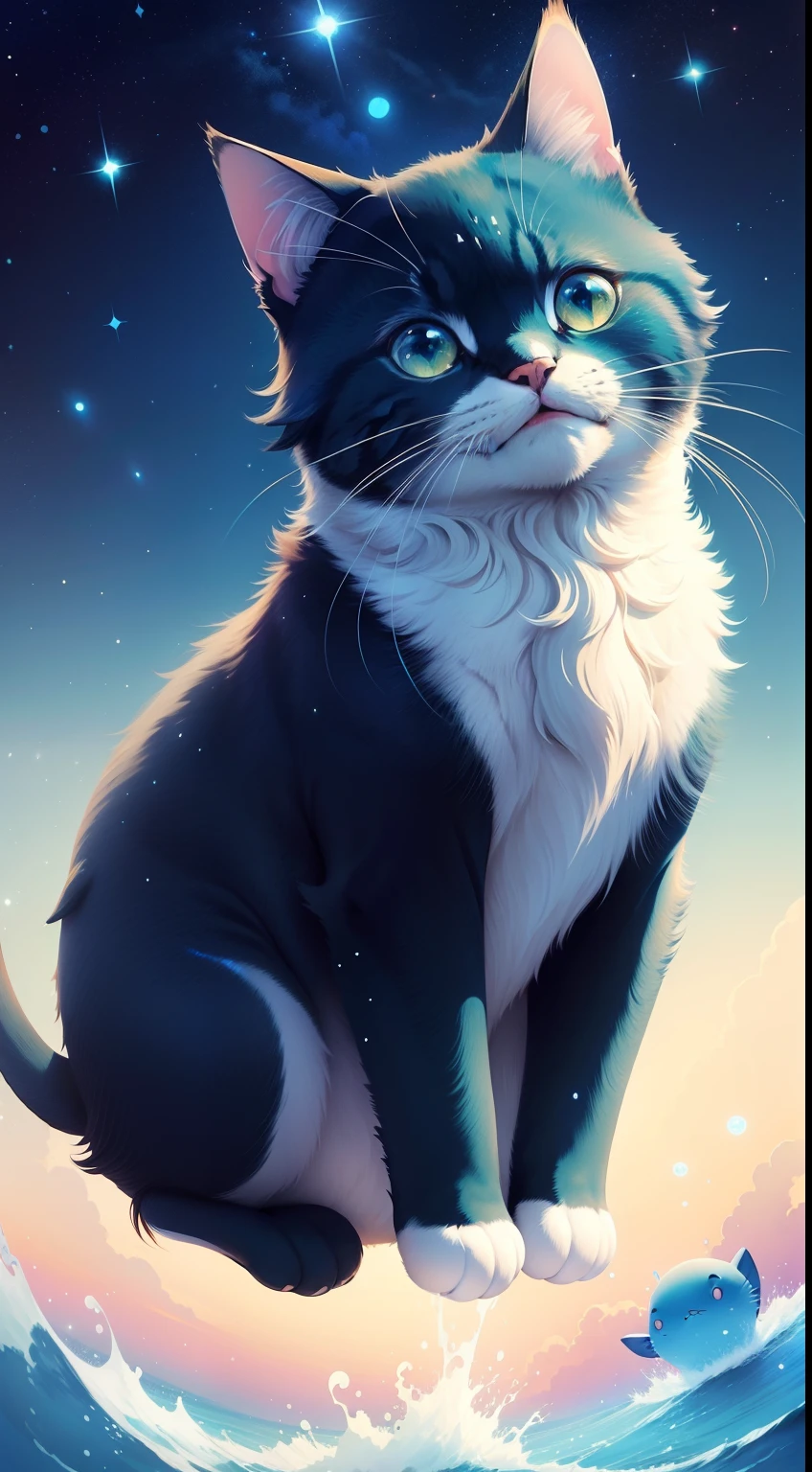 Cute cat,Luminous design,gorgeous color,Ink drops,Blue sky,Whales in the starry sky,Pixar, anime style, Ghibli-like colours