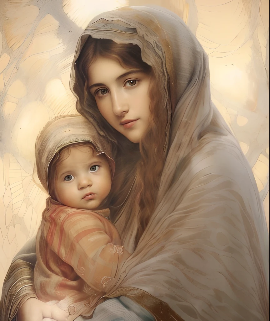 (((Blessed Virgin Mary and the  Jesus. 19 years old))) ((( Con una cara seria y piadosa. Con una mirada dulce y tierna))) (obra maestra, calidad superior, mejor calidad, arte oficial, beautiful and aesthetic: 1.2), (1girl), extremadamente detallado, (Arte fractal: 1.3), colorido, highest detailed, Cara perfecta, parte superior del cuerpo, HDR, (orando: 1.3), (golden lines of white coat: 1.2), galaxia, (rayas de luz), eye-catching visuals, (dynamic stripes, senderos luminosos: 1.2), colores vibrantes,