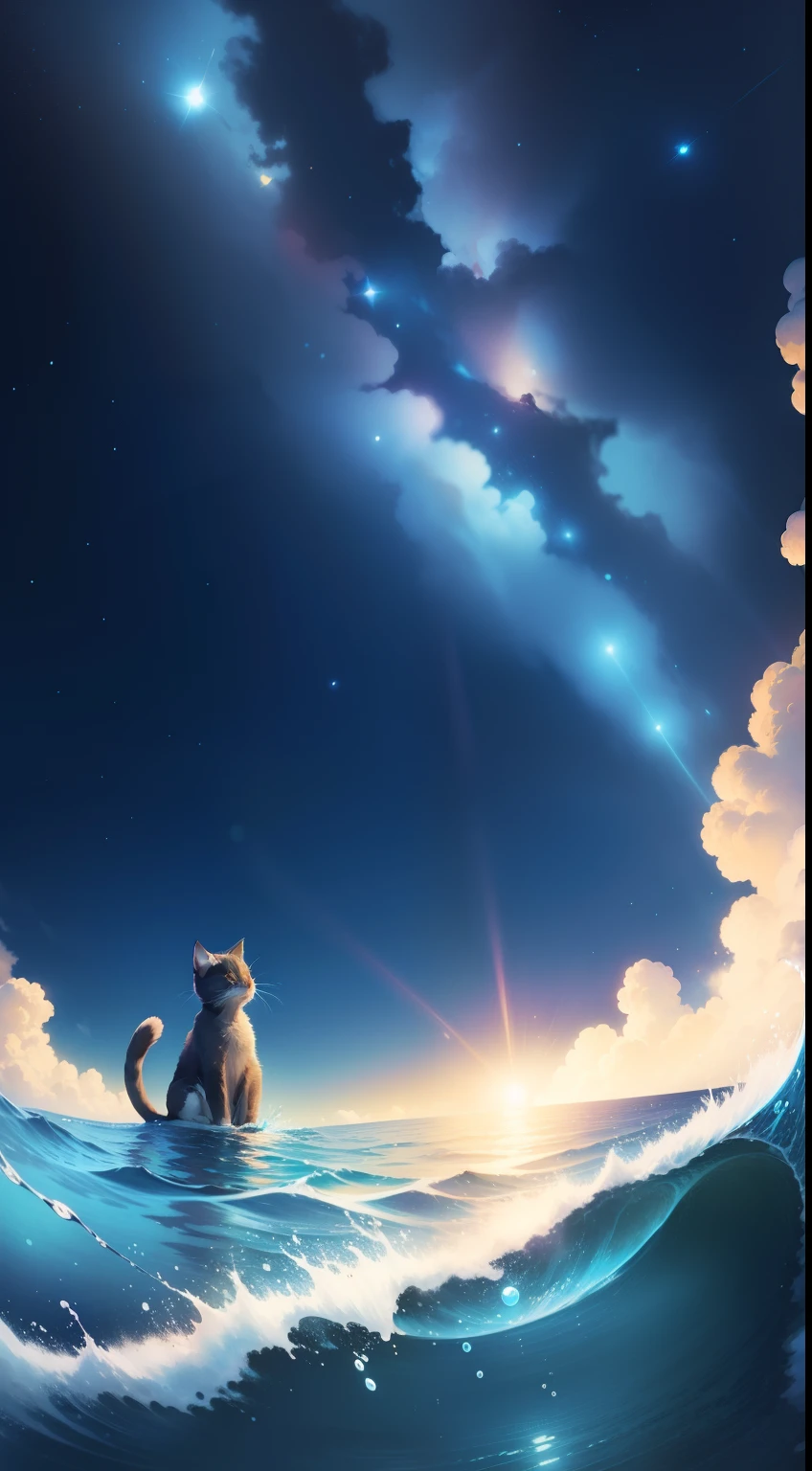 Cute cat，Luminous design，gorgeous color，Ink drops，Blue sky，Whales in the starry sky，Pixar, anime style, Ghibli-like colours