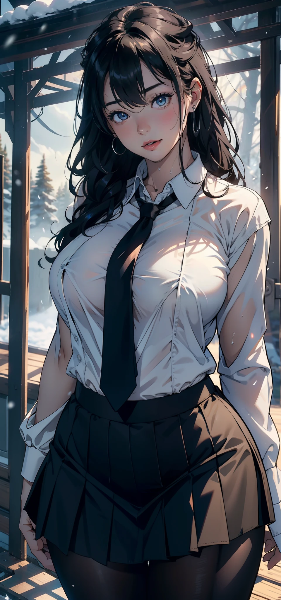 1female,25 age old,Large breasts,Pornographic exposure, 独奏,(Background with:ports,coniferous forest,at winter season,Snow on the ground) with his long black hair, nakeness,比基尼,standing on your feet,Sweat profusely,drenched all over the body,seen from the front, curlies, mostly cloudy sky,(((tmasterpiece),(Very detailed CG unity 8K wallpaper),best qualtiy,cinmatic lighting,detailed back ground,beatiful detailed eyes,Bright pupils,(Very fine and beautiful),(Beautiful and detailed eye description),ultra - detailed,tmasterpiece,)),facing at camera,A high resolution,ultra - detailed),revealing breasts,Bare genitalia, Bulge,Camel toes,Raised sexy,Flushed complexion,Open-mouthed,frontage,(Wearing:White shirt,black necktie,JK skirt,Pantyhose)
