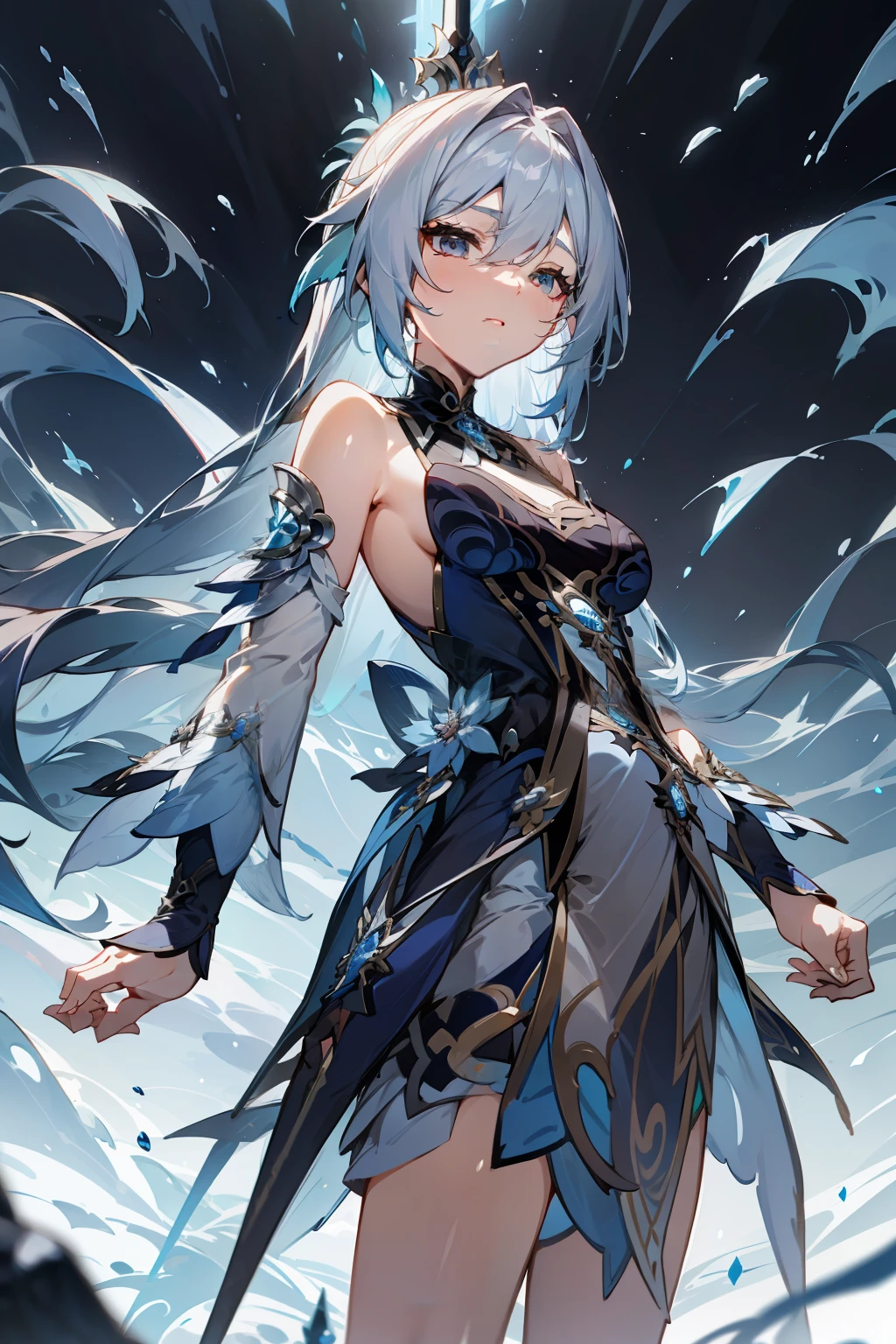 Anime girl with long silver hair, wearing an open shoulder dark blue dress, standing in front of a castle, beautiful angelic swordsman, style image from genshin impact.