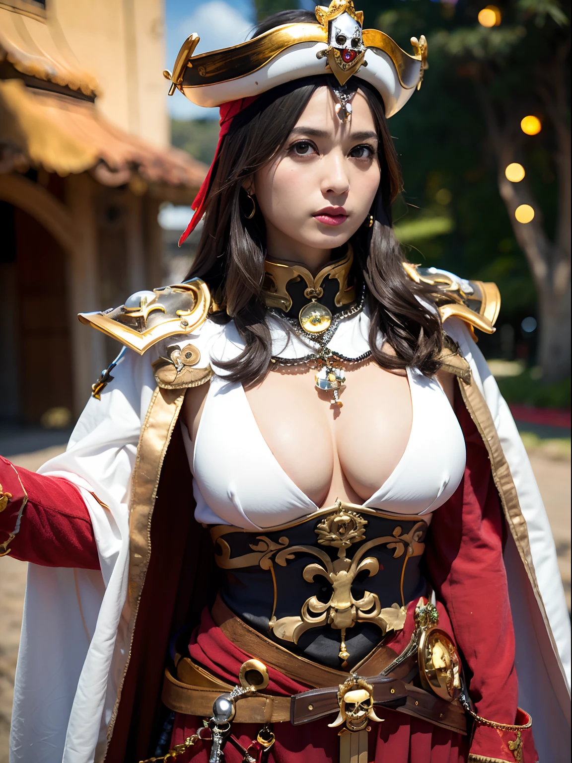 (masutepiece), Professional , ​masterpiece、top-quality、photos realistic , depth of fields （Gemstone Silver Metal Body:1.９),(Matte White、（Put on a pirate hat）、Jewel Gold Weapon（Jewel Metal Body:1.４),Gorgeous metal weapons , Detailed Sword of the Brave , Beautiful knife   ,warhammer 40k , The port town、adepta sororitas,Detail and ornate jewel crown、Black hair、Gangle's forest background、Beautiful Caucasian beauty、１a person、dynamic ungle,(((Detailed and ornate diamond crown)))、Smaller head、A smile、Take a sexy pose、Background inside the castle、Thin and beautiful female hands、cleavage of the breast、Soldier in iron armor on background、Soldier in iron armor on background、