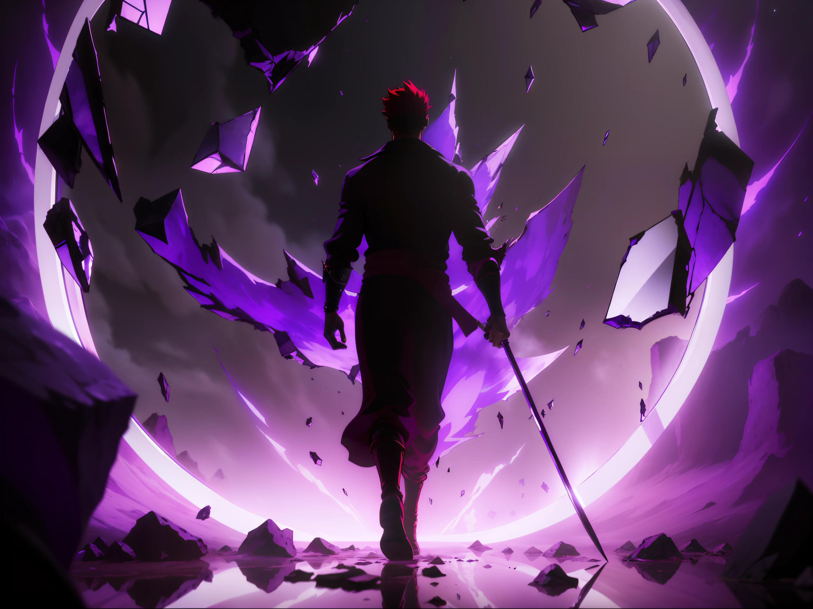 "The protagonist emerges from the broken mirror,The mirror emits faint purple energy,A red streamer floated out from the protagonist's eyes,He holds a katana 3D in his right hand"