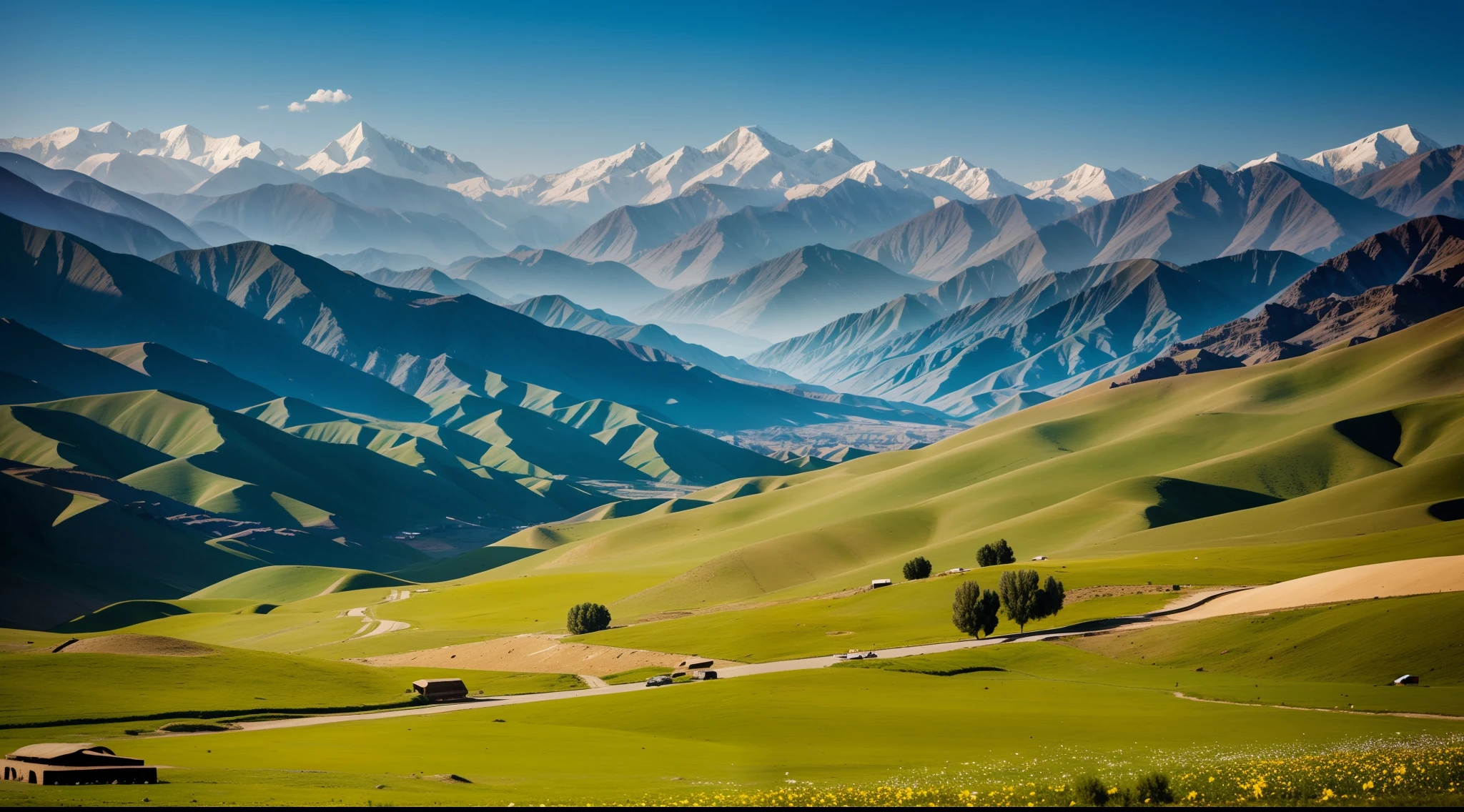 Ethereal panorama from Afghanistan's natural landscape:0.2 An otherworldly scene that encapsulates the serenity and wonder of Afghanistan's nature, where rolling hills, serene valleys, and endless skies merge to create a truly heavenly vista.