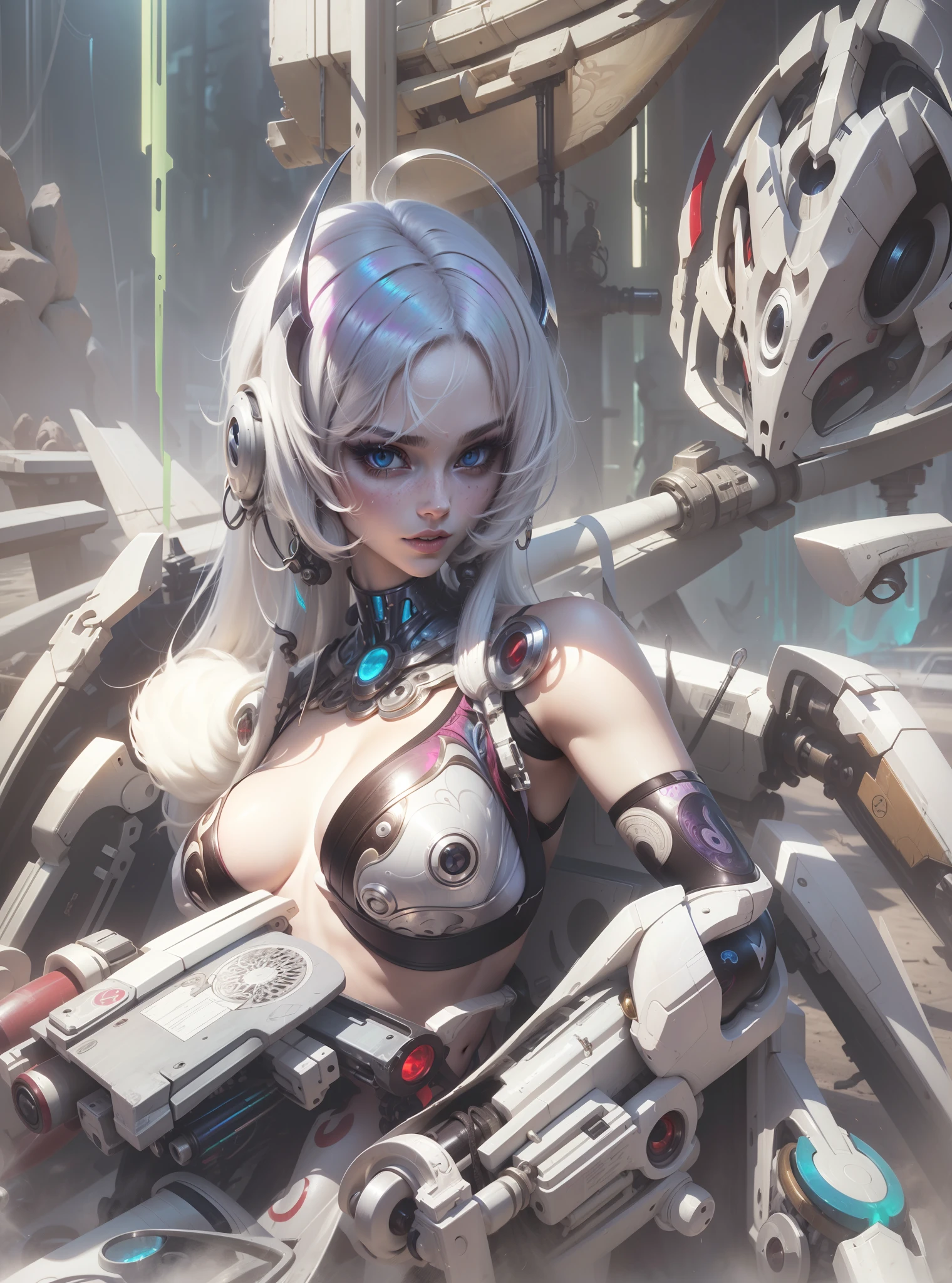 Masterpiece, Best Quality, Girls, Slender, Red Eyes, Hair Color, Iridescent, Long Hair Spreading, White Skin, Medium, Cute, Sexy, Near Future, Bikini, Exposed Skin, Night, Psychedelic, Trip, Extreme Color, Paisley Theme, Open Legs, Mechanical Left Arm, Full Body
