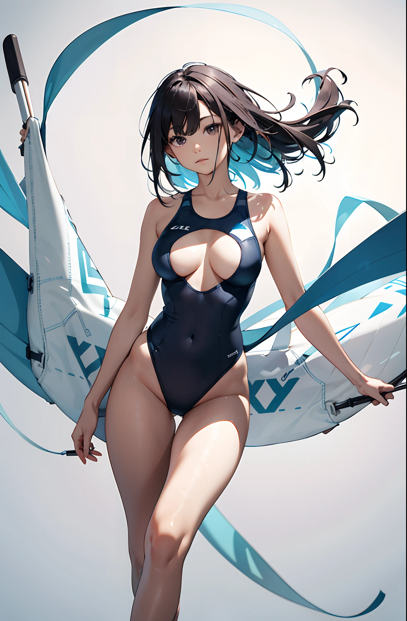 hoang lap,A high resolution,ultra - detailed,(1girll:1.3),Create minimalist designs,with clean lines,Simple shape,Focus on composition and balance。Capture low-light images,Lighting is minimal,And focus on the subtle details and atmosphere of the scene。With delicate lines、Flat colors and images inspired by patterns and compositions。brassier,Large breasts,High-fork swimsuit,F-cup,short black straight hair,long whitr hair,Female Martial Artist