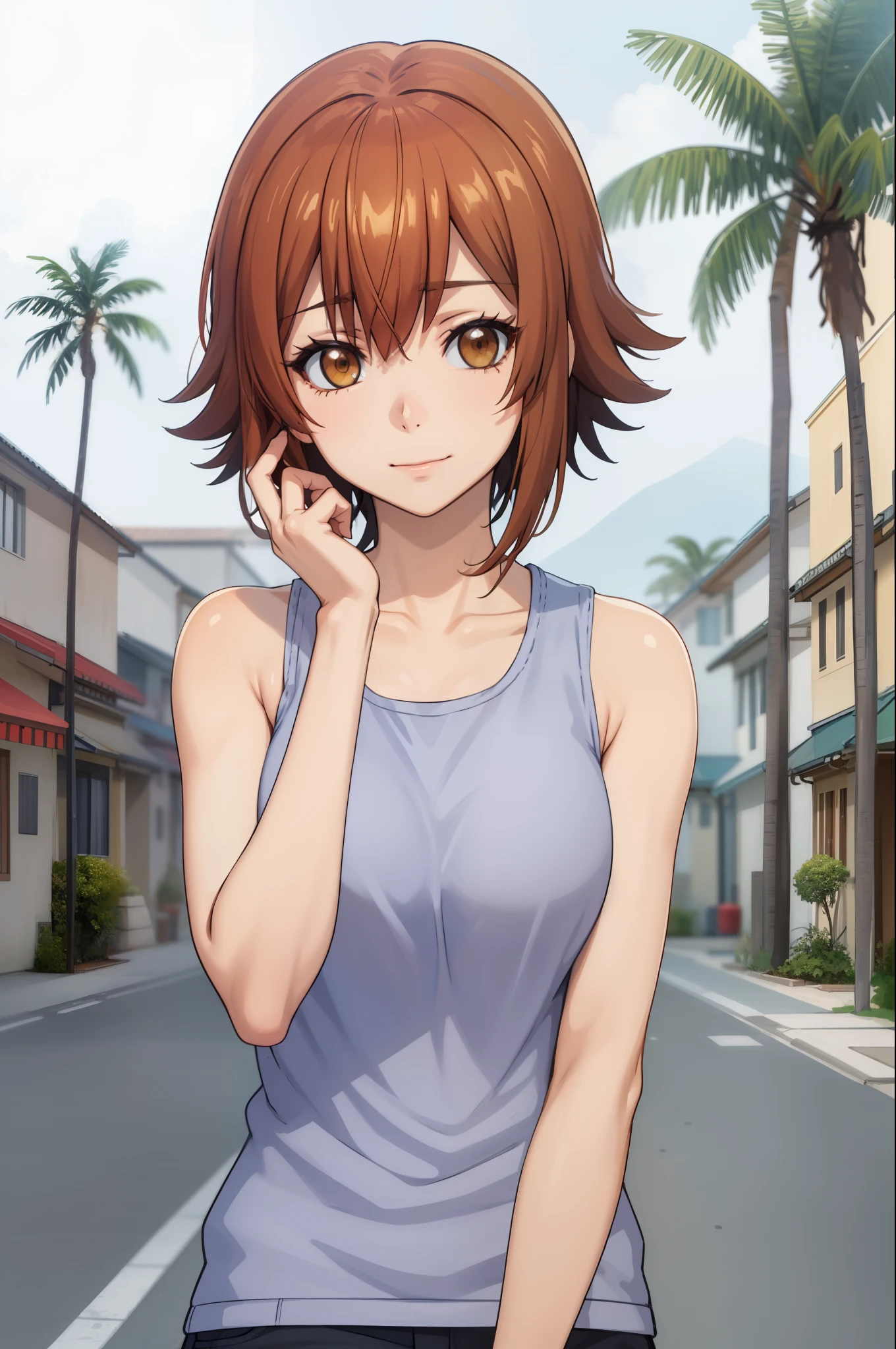 best quality, (masterpiece:1.2), highly detailed, standing, outdoors, palm tree,
1girl, solo, kotegawa chisa,
looking at viewer, slight smile, closed mouth, upper body,
brown eyes, brown hair, short hair, orange tank top